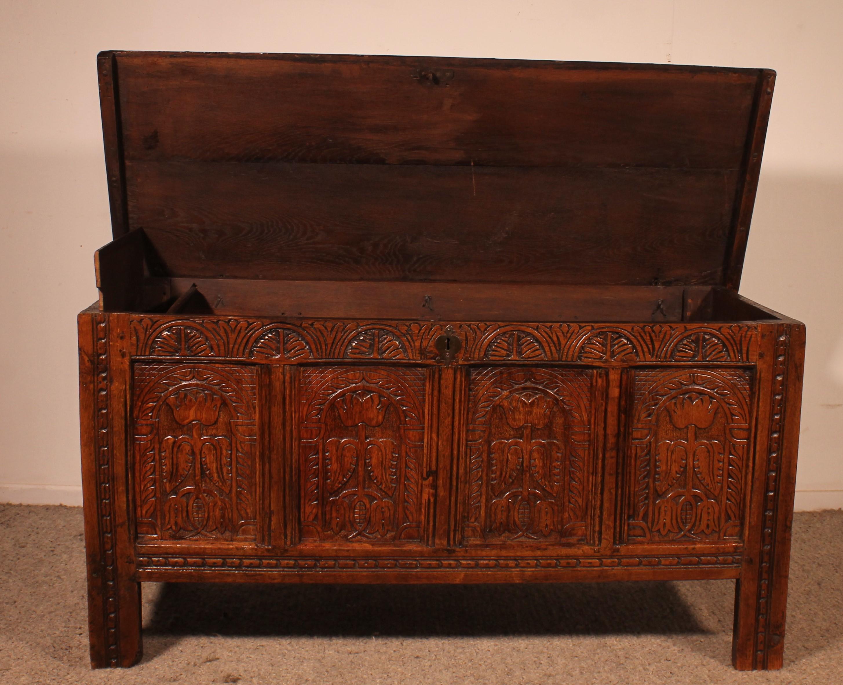 18th Century and Earlier Oak Chest From 17th Century 4 Panels For Sale