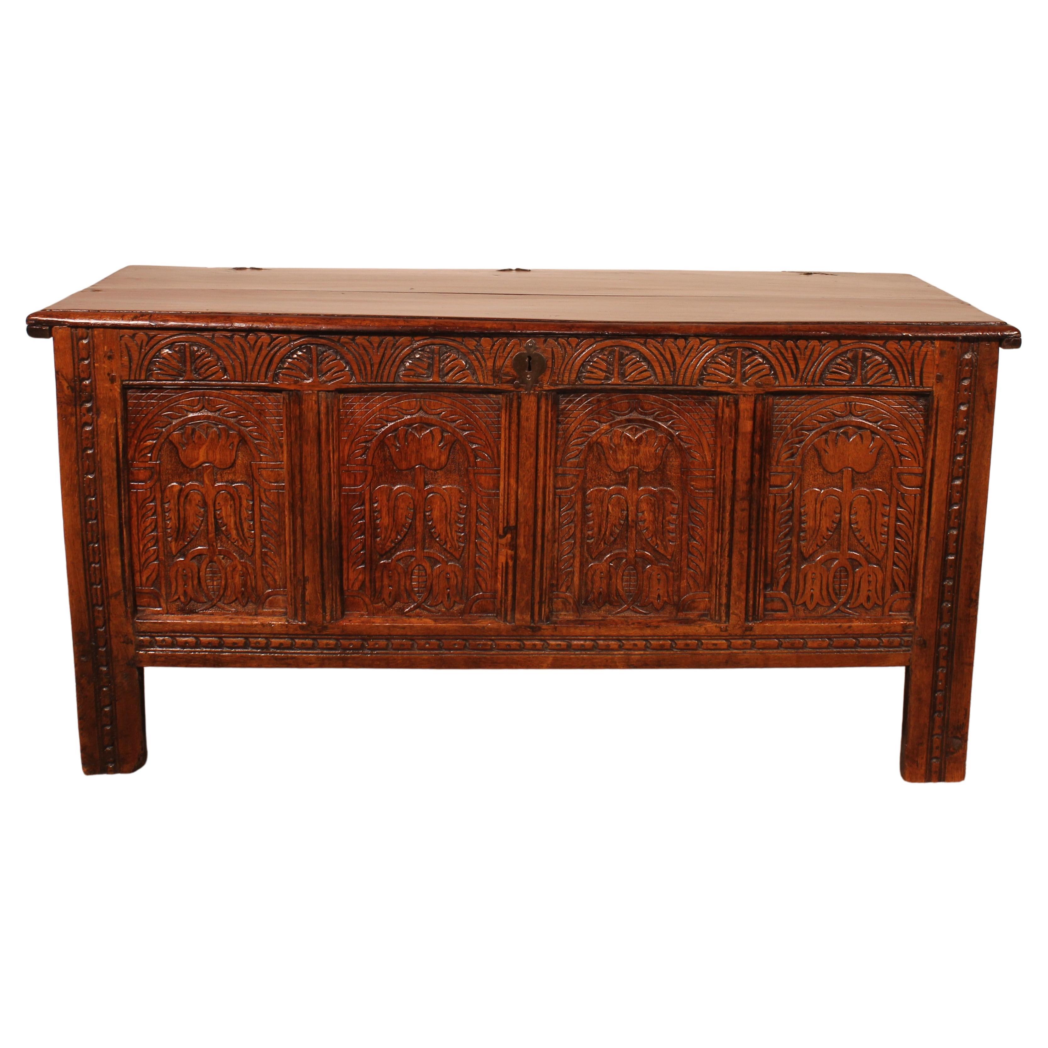 Oak Chest From 17th Century 4 Panels For Sale