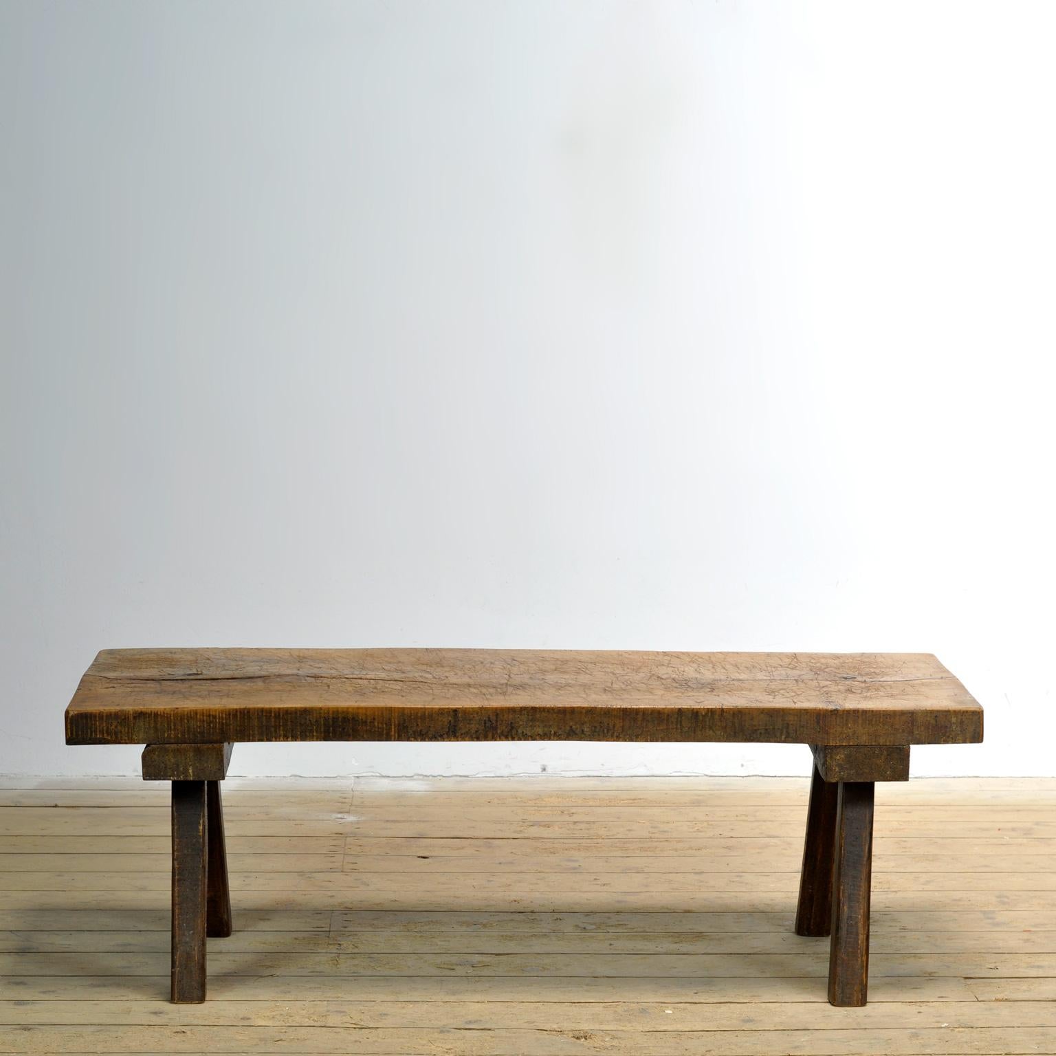 Butcher’s table from the 1930s, made of oak. With a beautifully weathered top of 6 cm thick that consists of one piece of wood. The legs are shortened to coffee table height. Treated against woodworm.