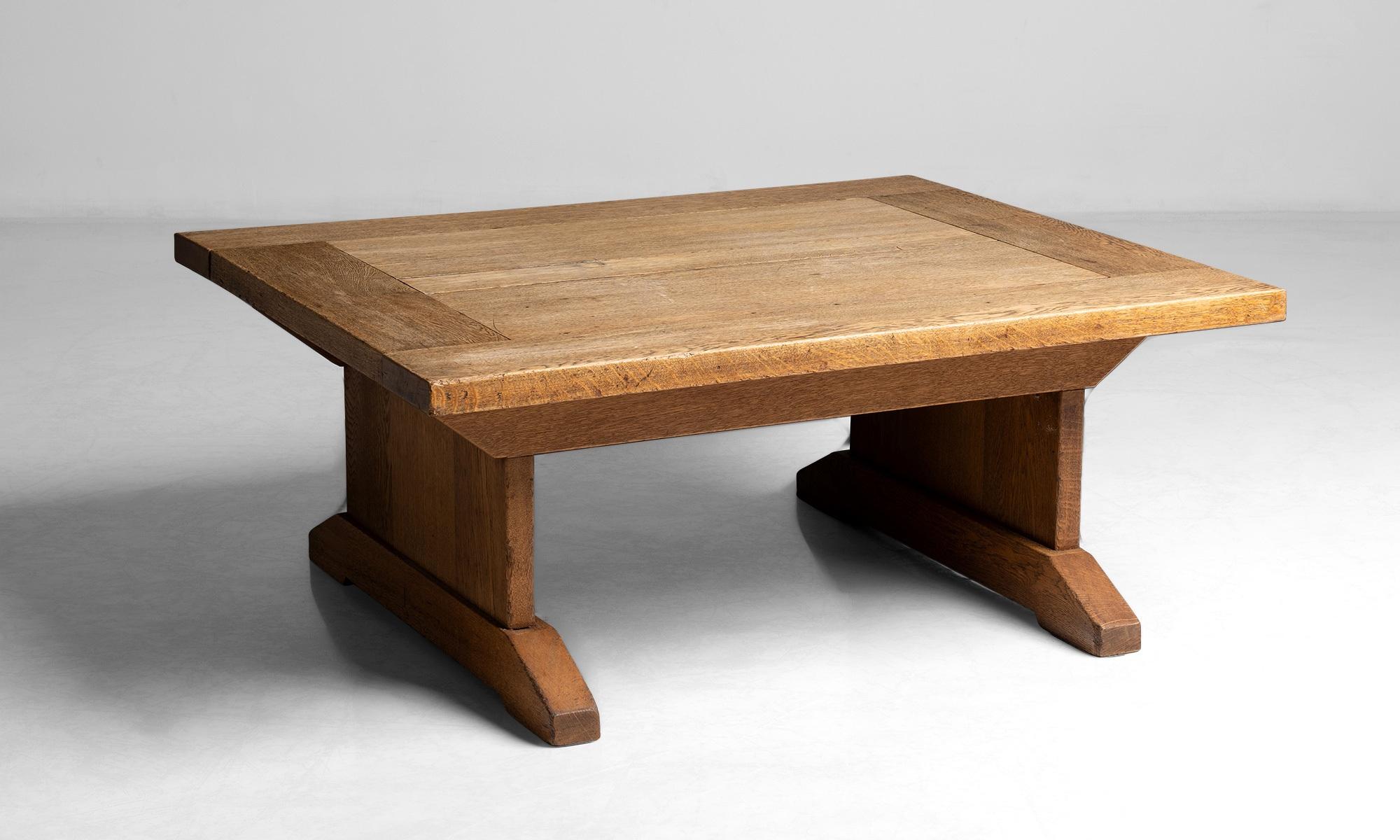 Oak coffee table.

England, circa 1930

Brutalist low coffee table constructed in oak.

Measures: 42