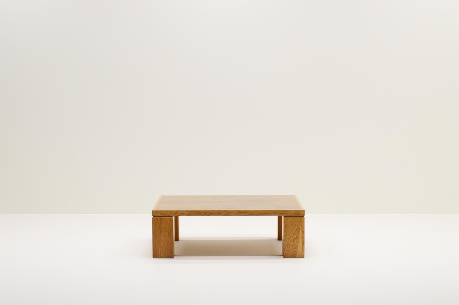 Rare oak coffee table from Rolf Middelboe & Gorm Lindum for Tranekaer, Denmark 1970s. Top is made of large square cross section pieces of oak in a oak frame on oak legs. Professionally refinished and in very good vintage condition. 

