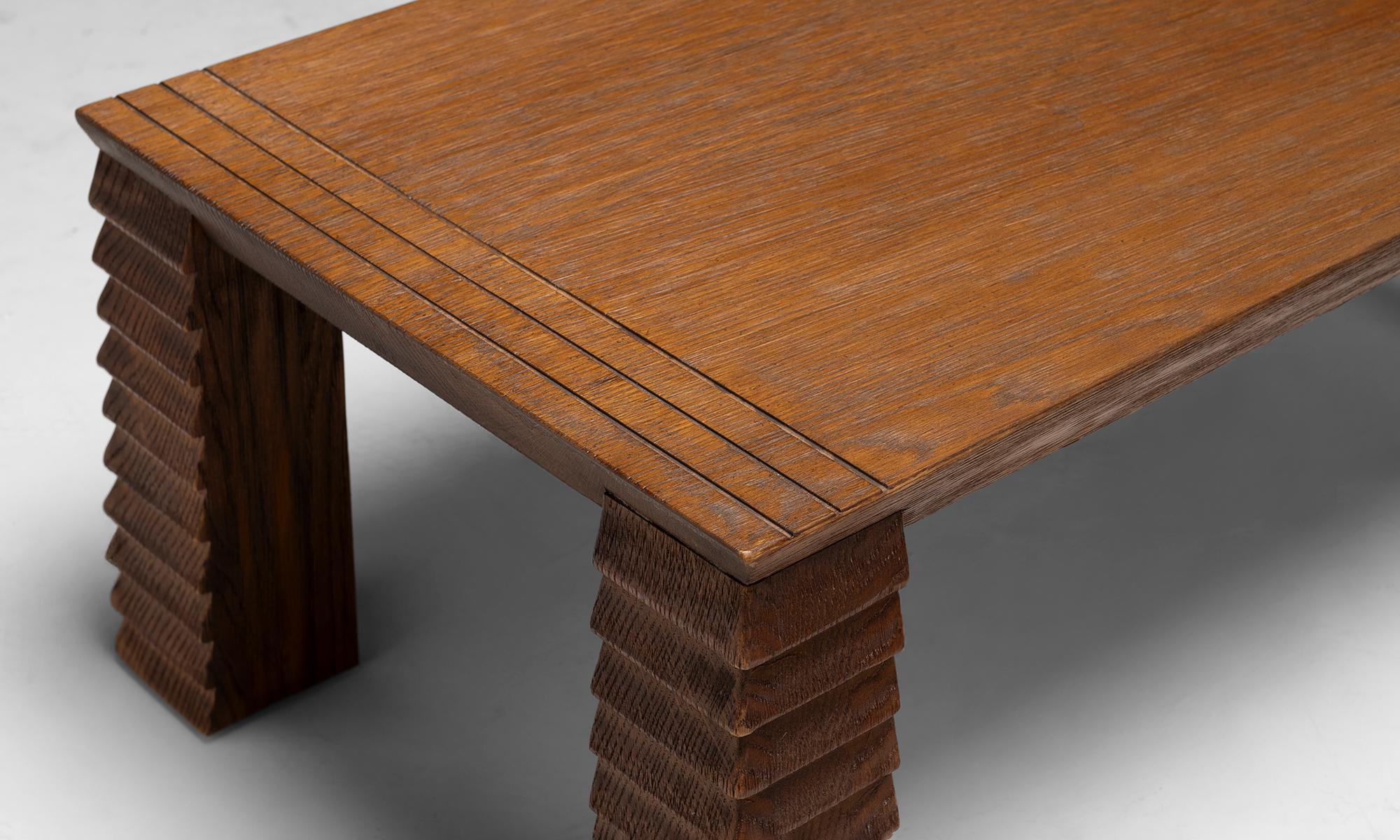 America, 2010
Carved and stained oak table in the style of Jean Michel Frank.
36”w x 20”d x 14”h
Ref. TABLE1145
$ 5,200
