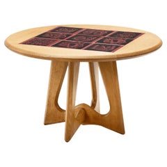 Oak Coffee Table with Black and Red Ceramic Tiles, France 1950s