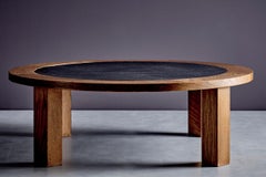 Oak Coffee Table with dark Slate Top, France 1970s