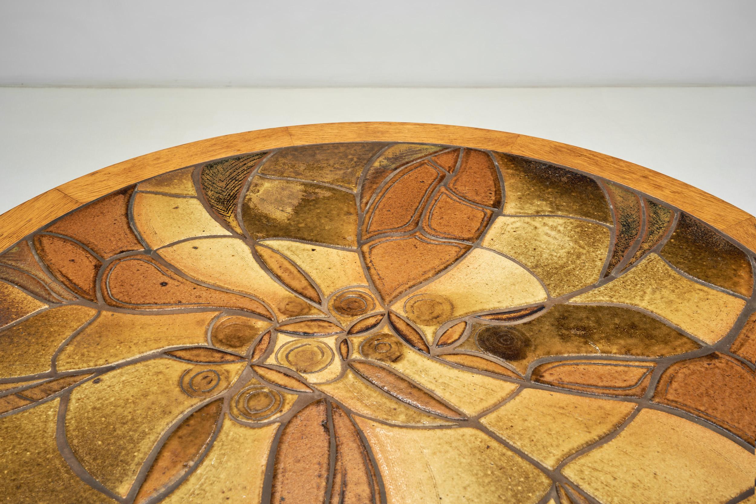 Grès Table basse en Oak avec carreaux de grès émaillés par Søren Jean Larsen, Danemark années 1980 en vente