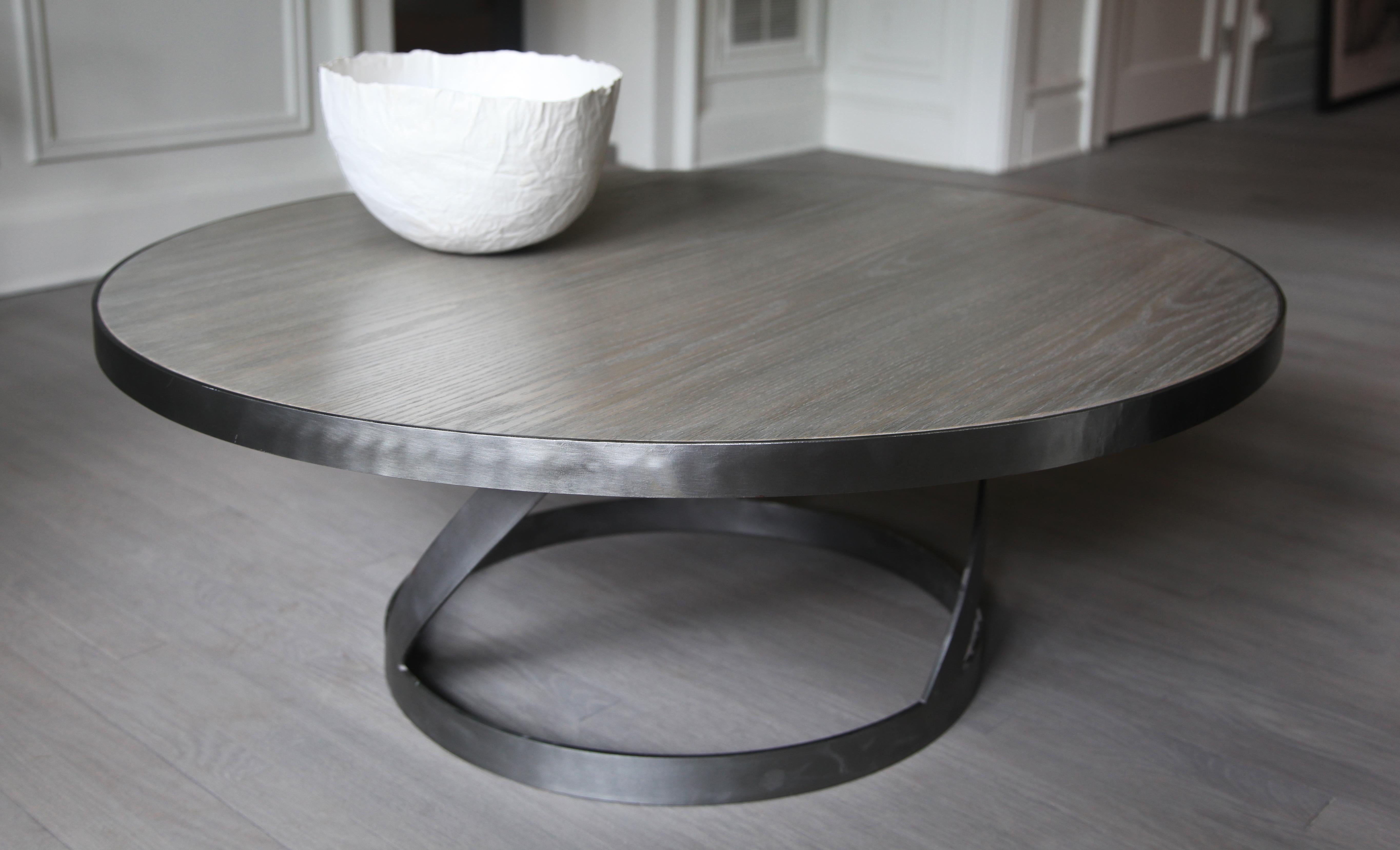 Oak Coffee Table with Spiral Blackened Steel Base In New Condition For Sale In Westport, CT