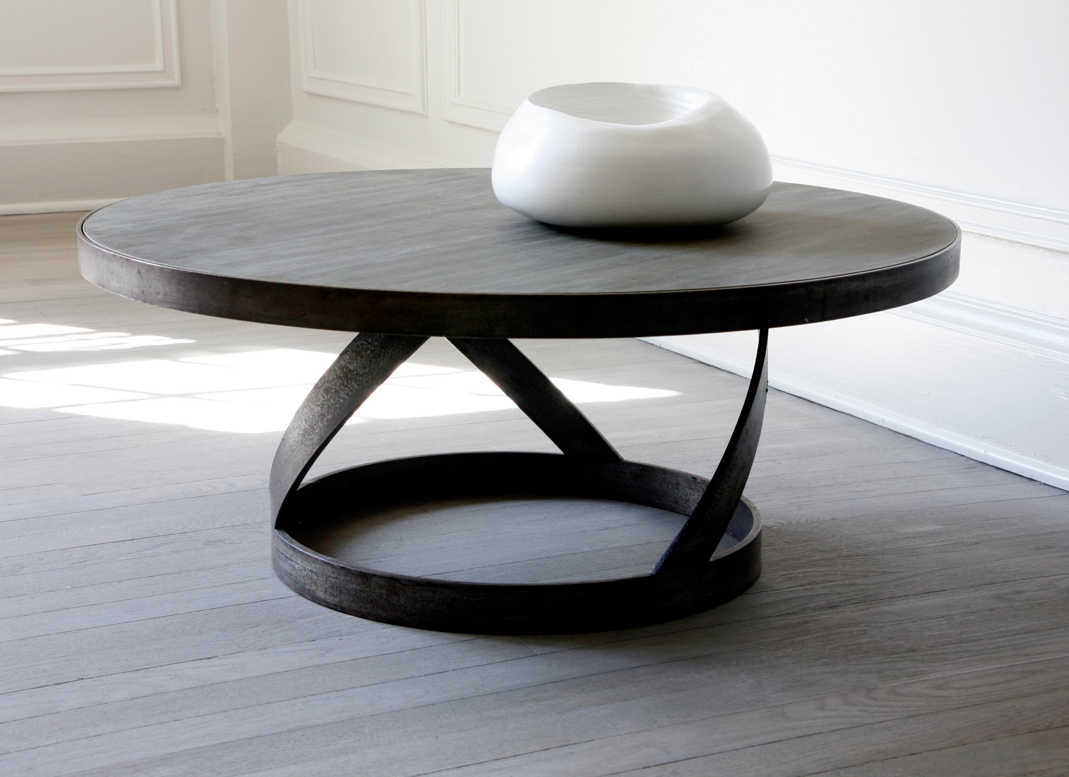 Oak Coffee Table with Spiral Blackened Steel Base For Sale 1