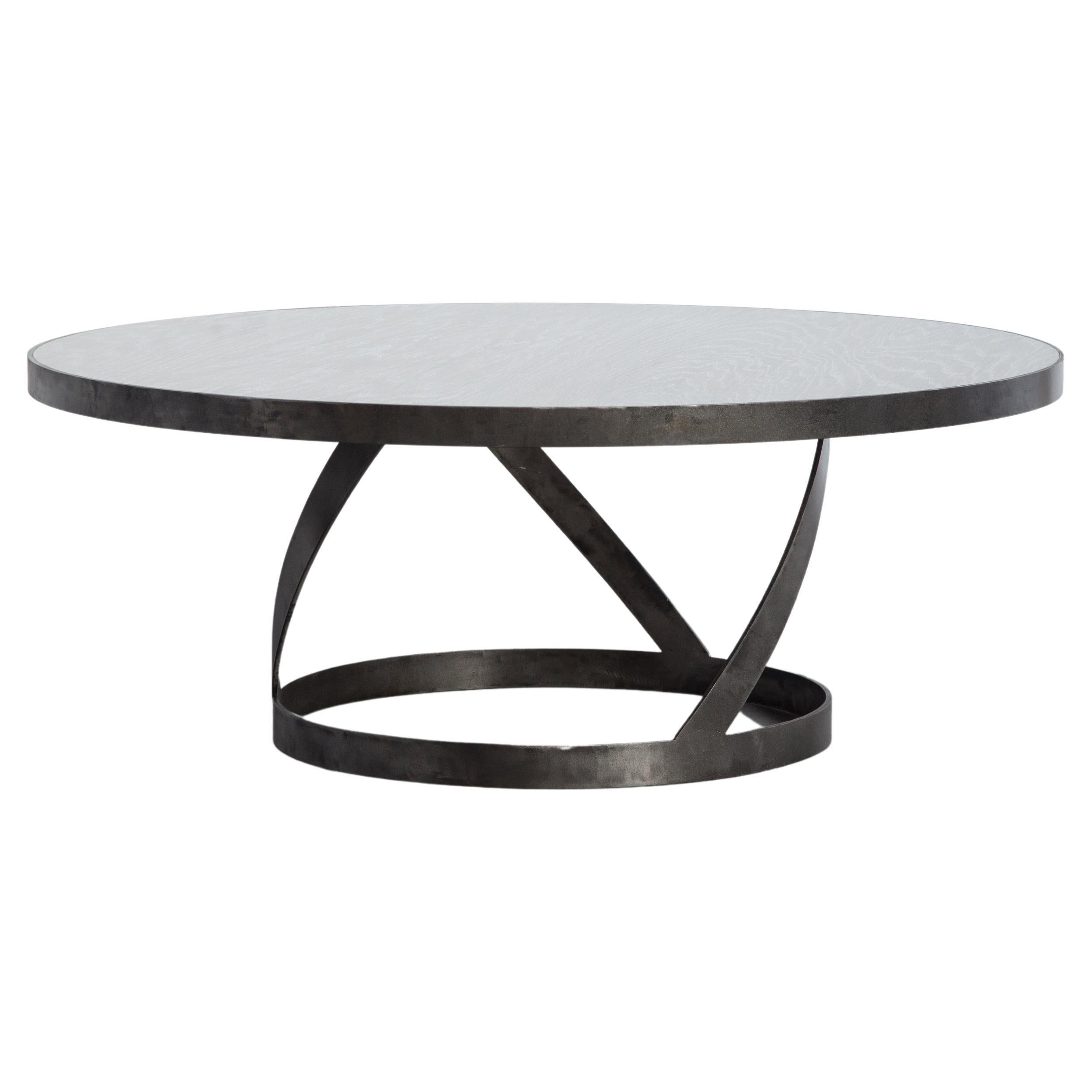 Oak Coffee Table with Spiral Blackened Steel Base For Sale