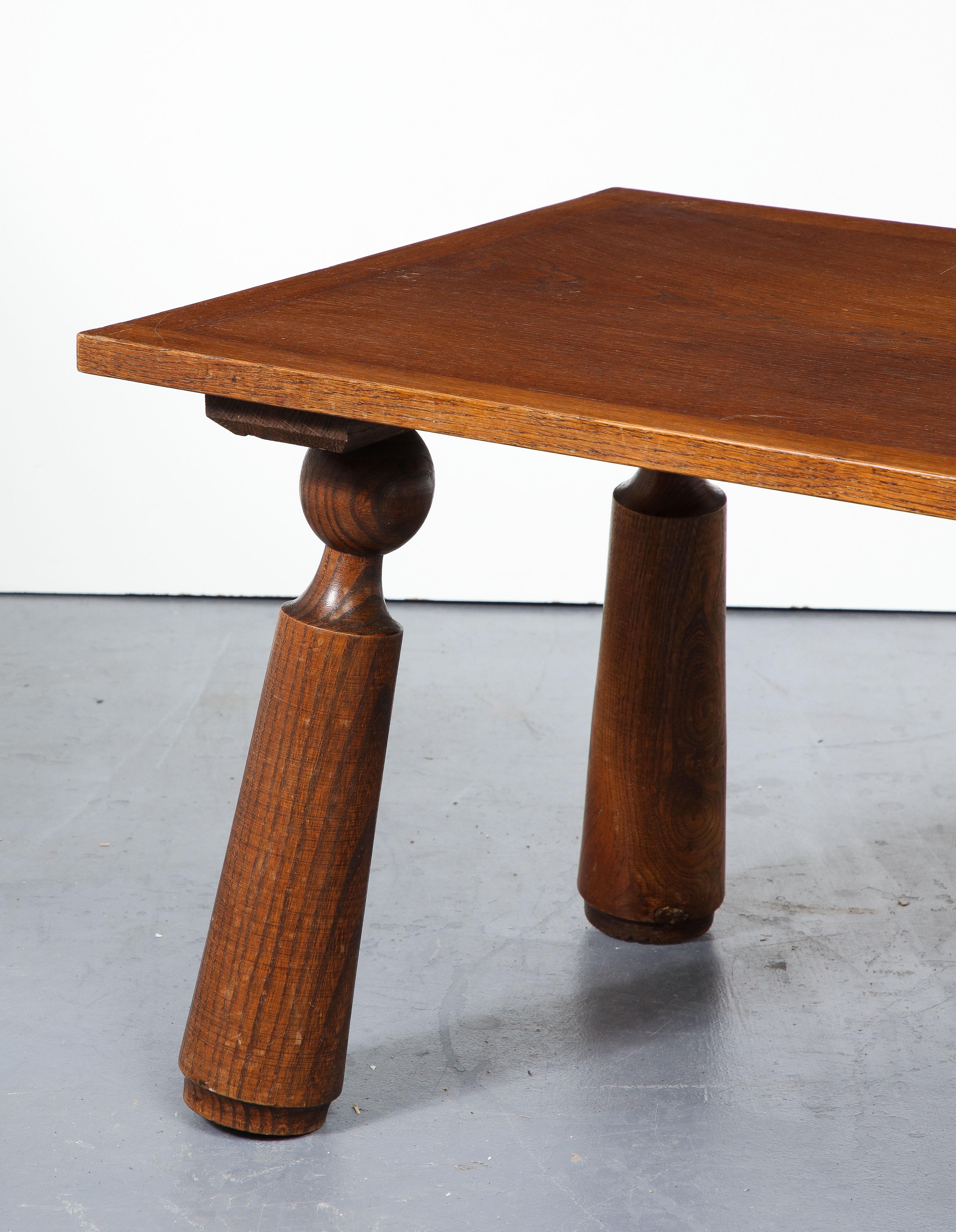 Mid-Century Modern Oak Coffee Table With Turned Legs, in the Manner of Charles Dudouyt, France For Sale