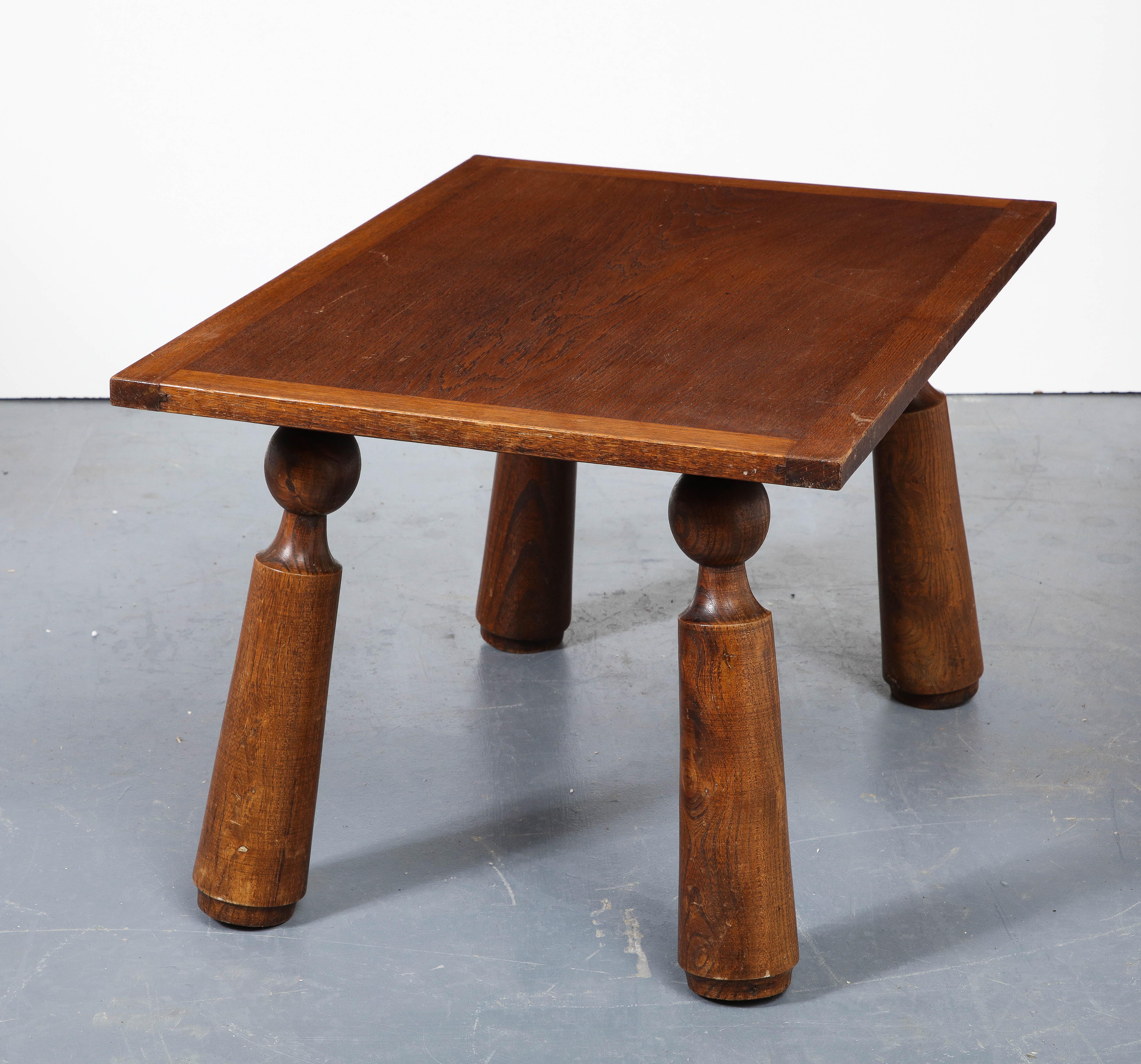 Mid-20th Century Oak Coffee Table With Turned Legs, in the Manner of Charles Dudouyt, France For Sale