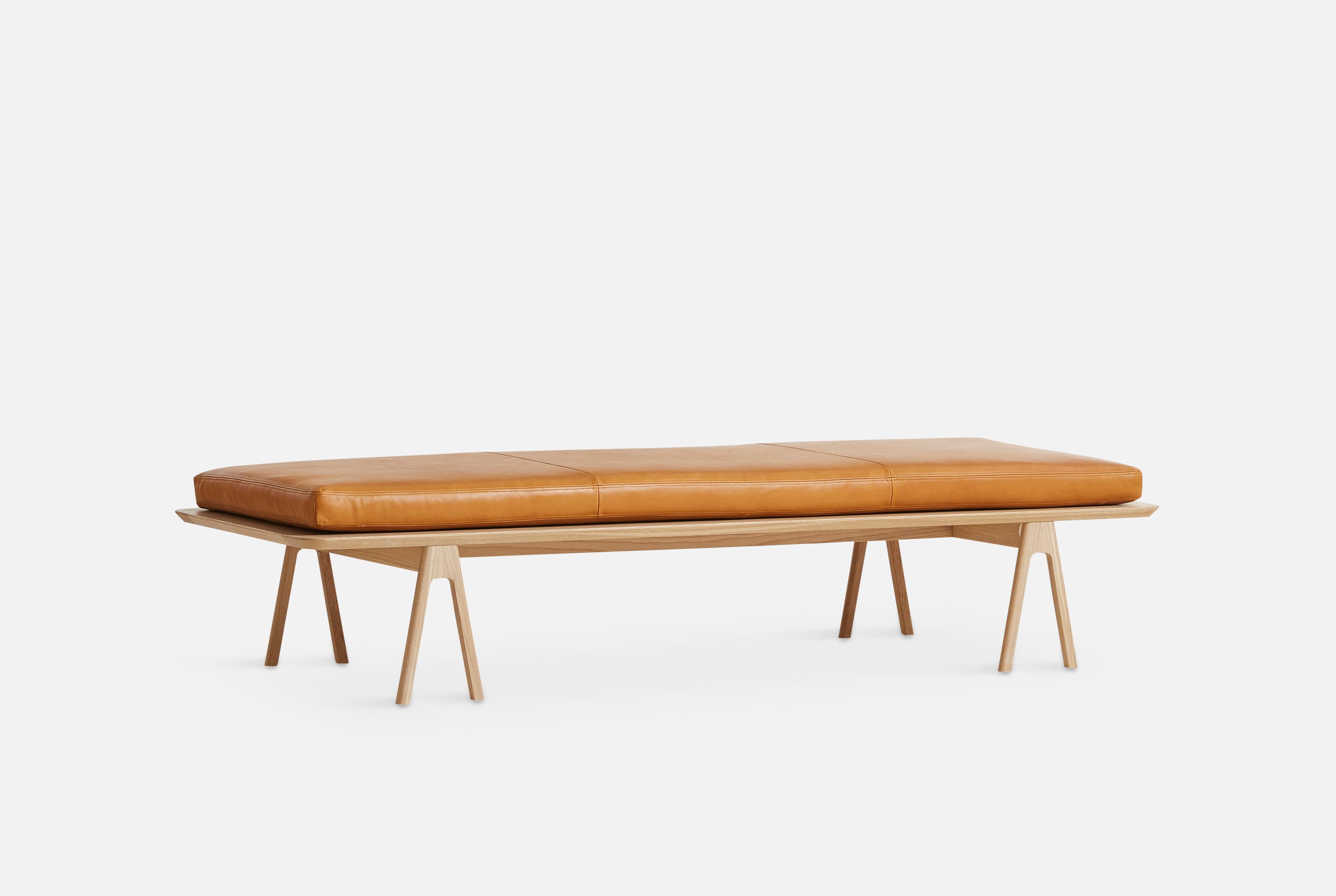Oak Cognac leather level daybed by Msds Studio
Materials: Camo leather, foam, oak.
Dimensions: D 76.5 x W 190 x H 41 cm

The founders, Mia and Torben Koed, decided to put their 30 years of experience into a new project. It was time for a change