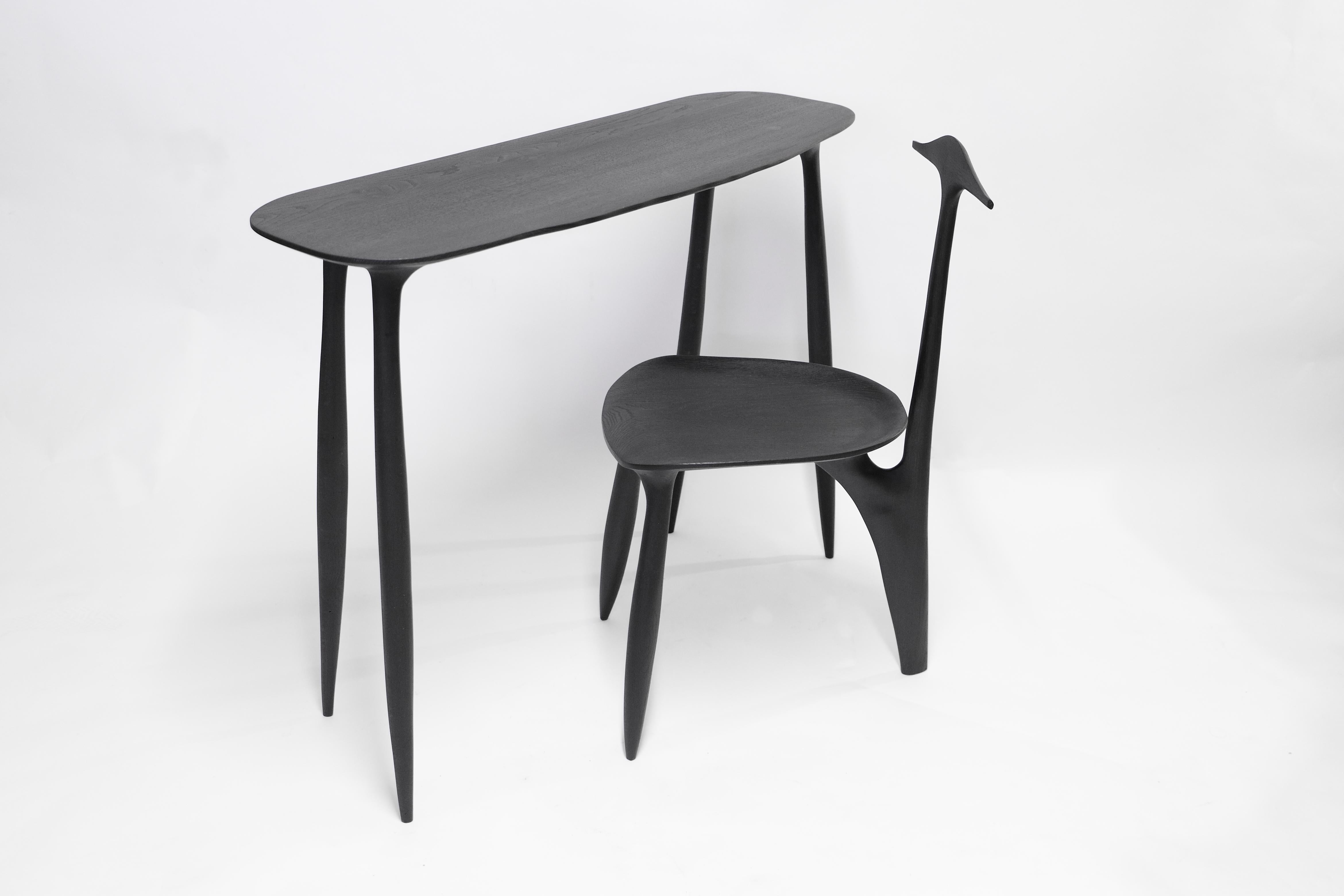 Oak Console Desk with Stool, Hand-Sculpted by Cedric Breisacher 8