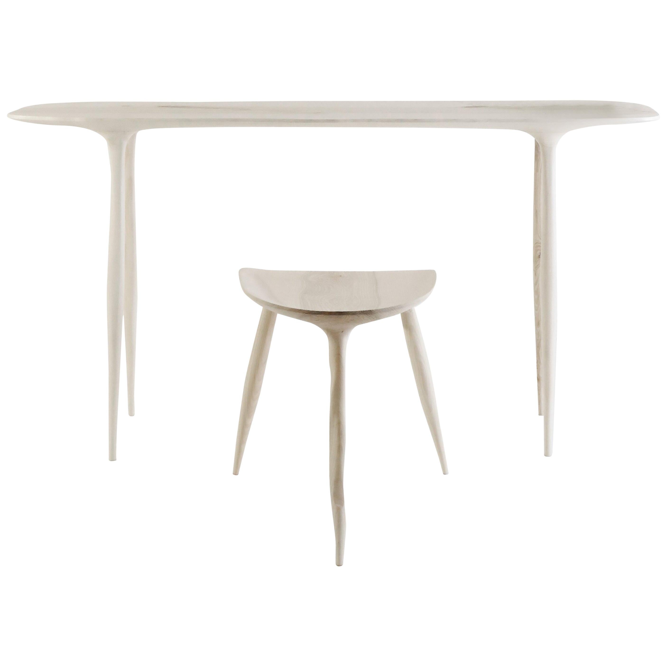 Oak Console Desk with Stool, Hand-Sculpted by Cedric Breisacher 2