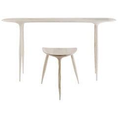 Oak Console Desk with Stool, Hand-Sculpted by Cedric Breisacher