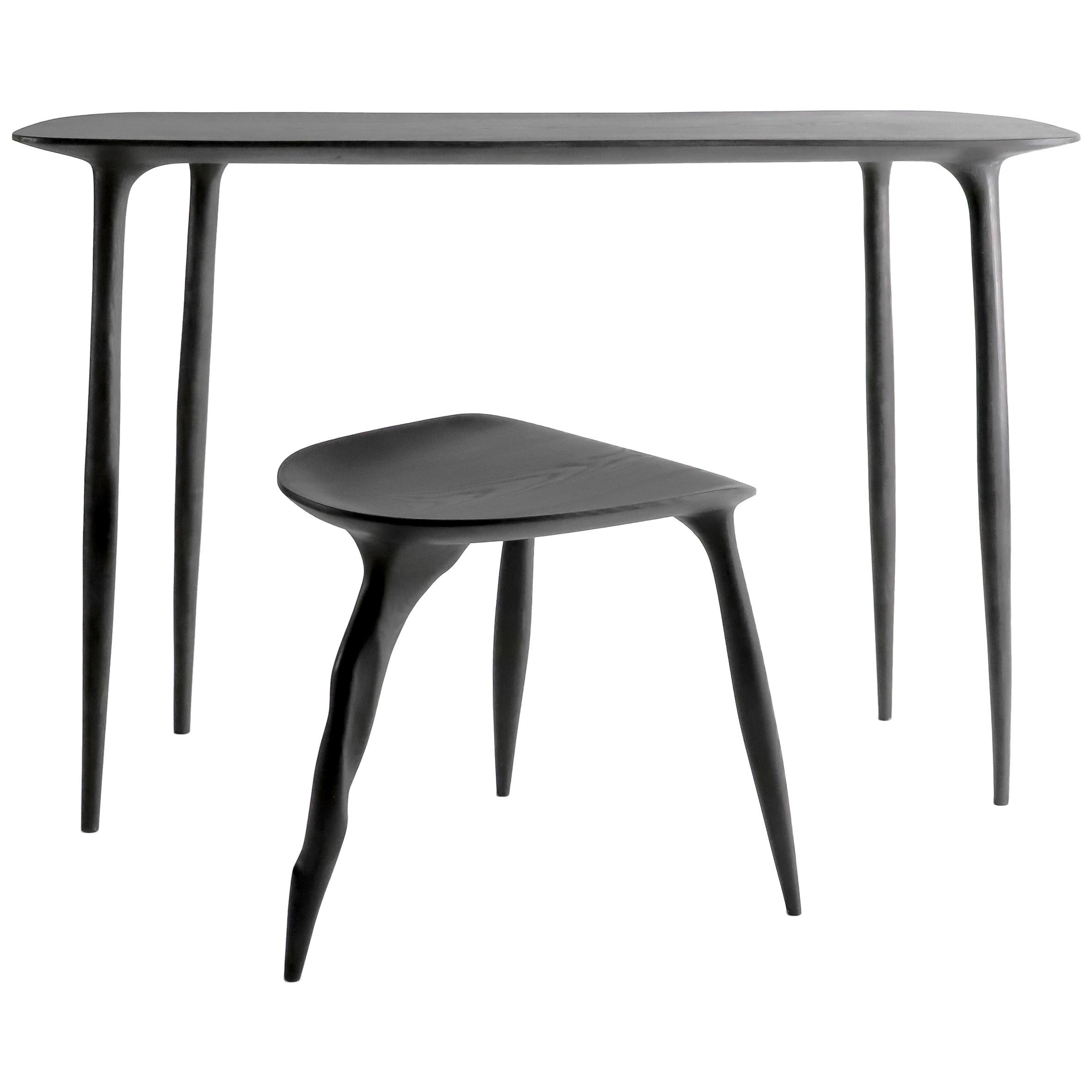 Oak Console Desk with Stool, Hand-Sculpted by Cedric Breisacher