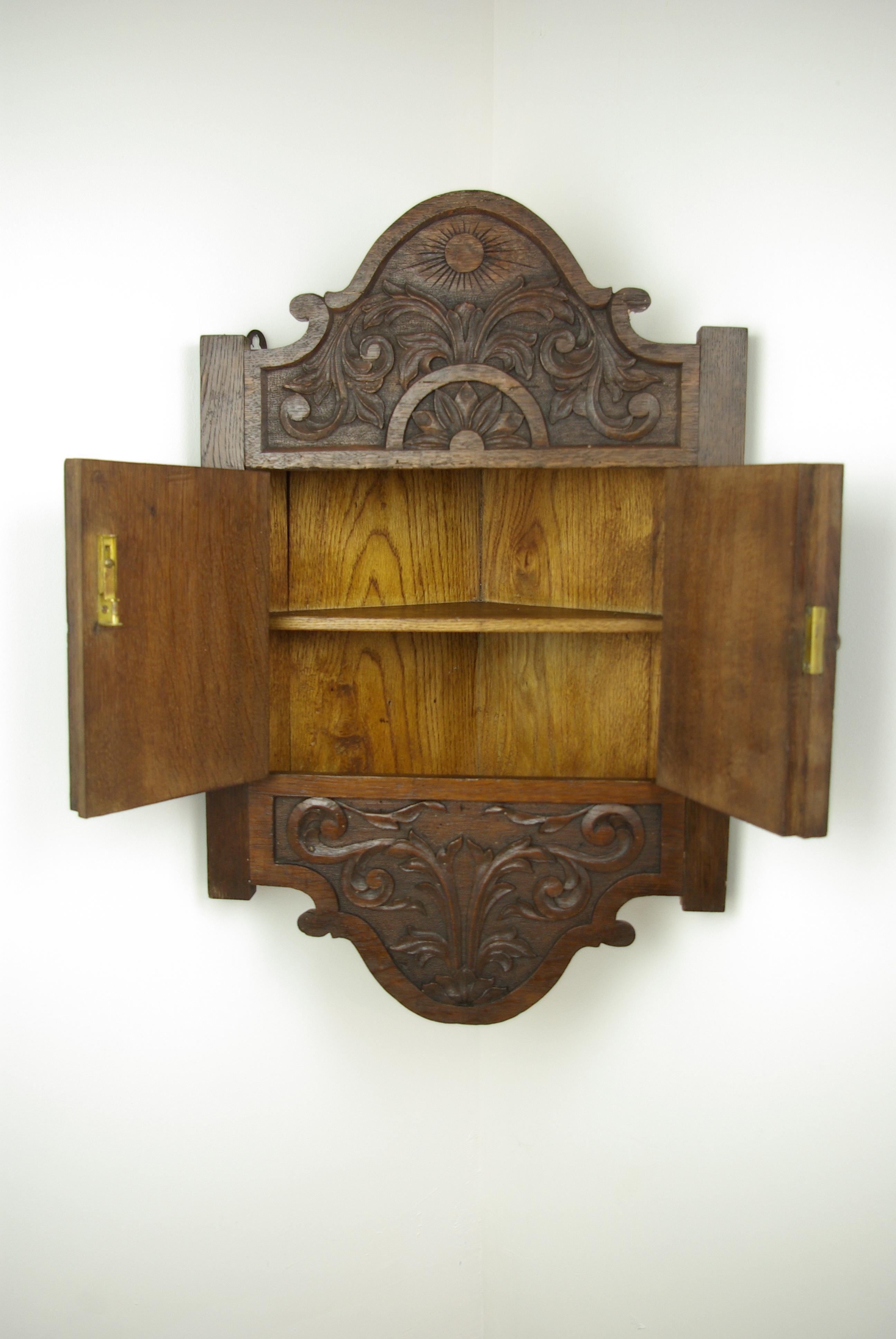 Scottish Oak Corner Cabinet, Carved Cabinet, Hanging Cabinet, Scotland, 1880