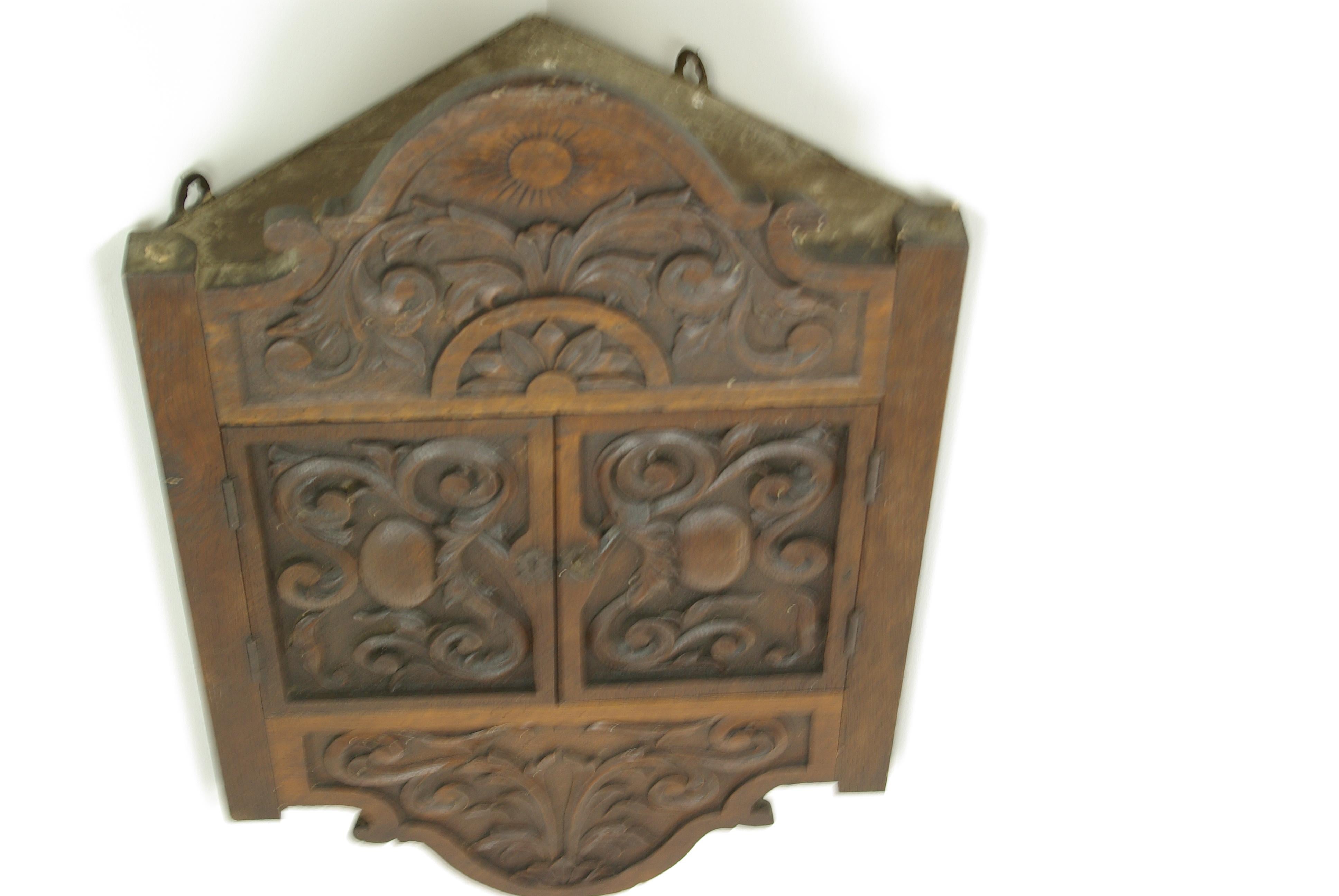 Oak Corner Cabinet, Carved Cabinet, Hanging Cabinet, Scotland, 1880 1