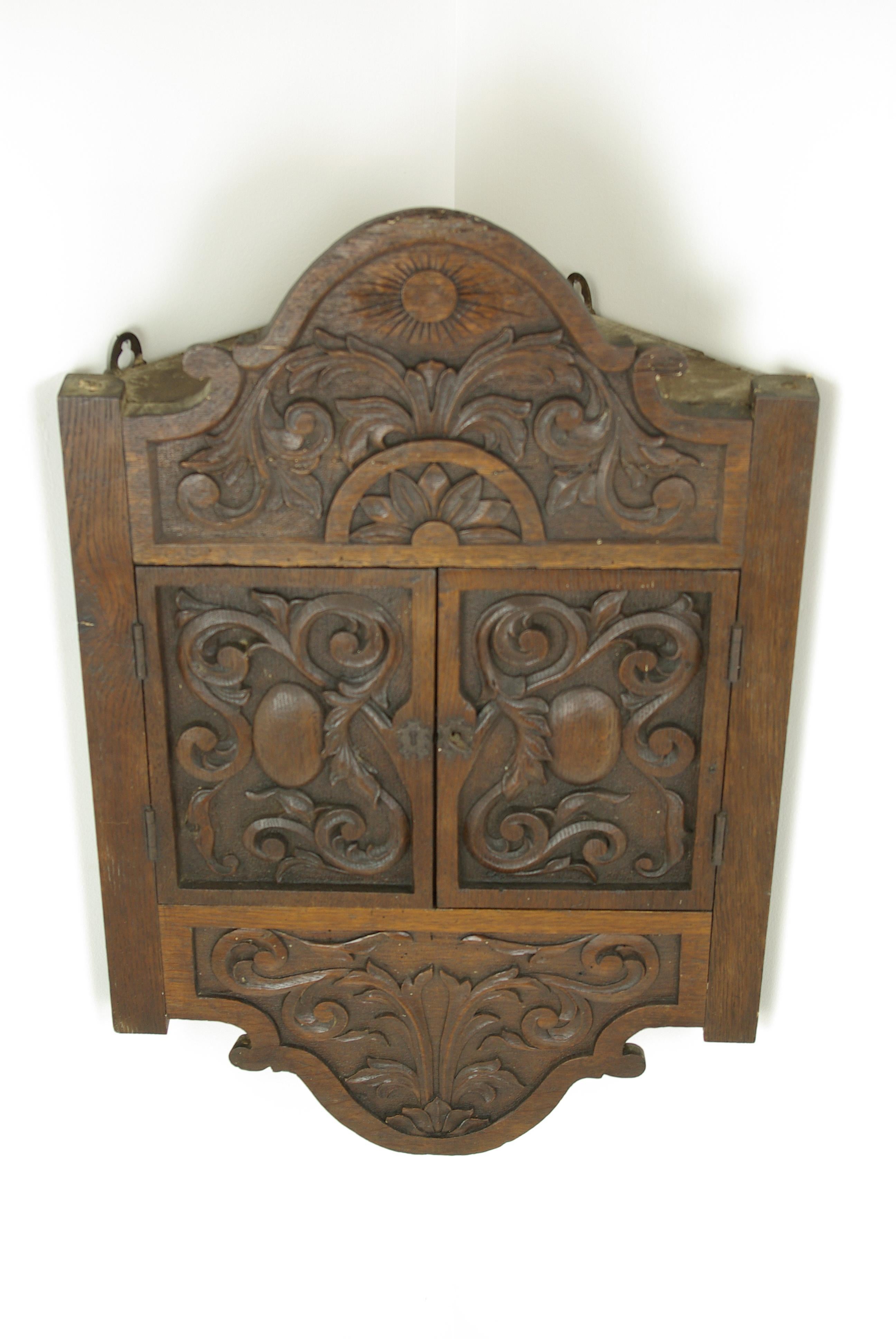 Oak Corner Cabinet, Carved Cabinet, Hanging Cabinet, Scotland, 1880 2