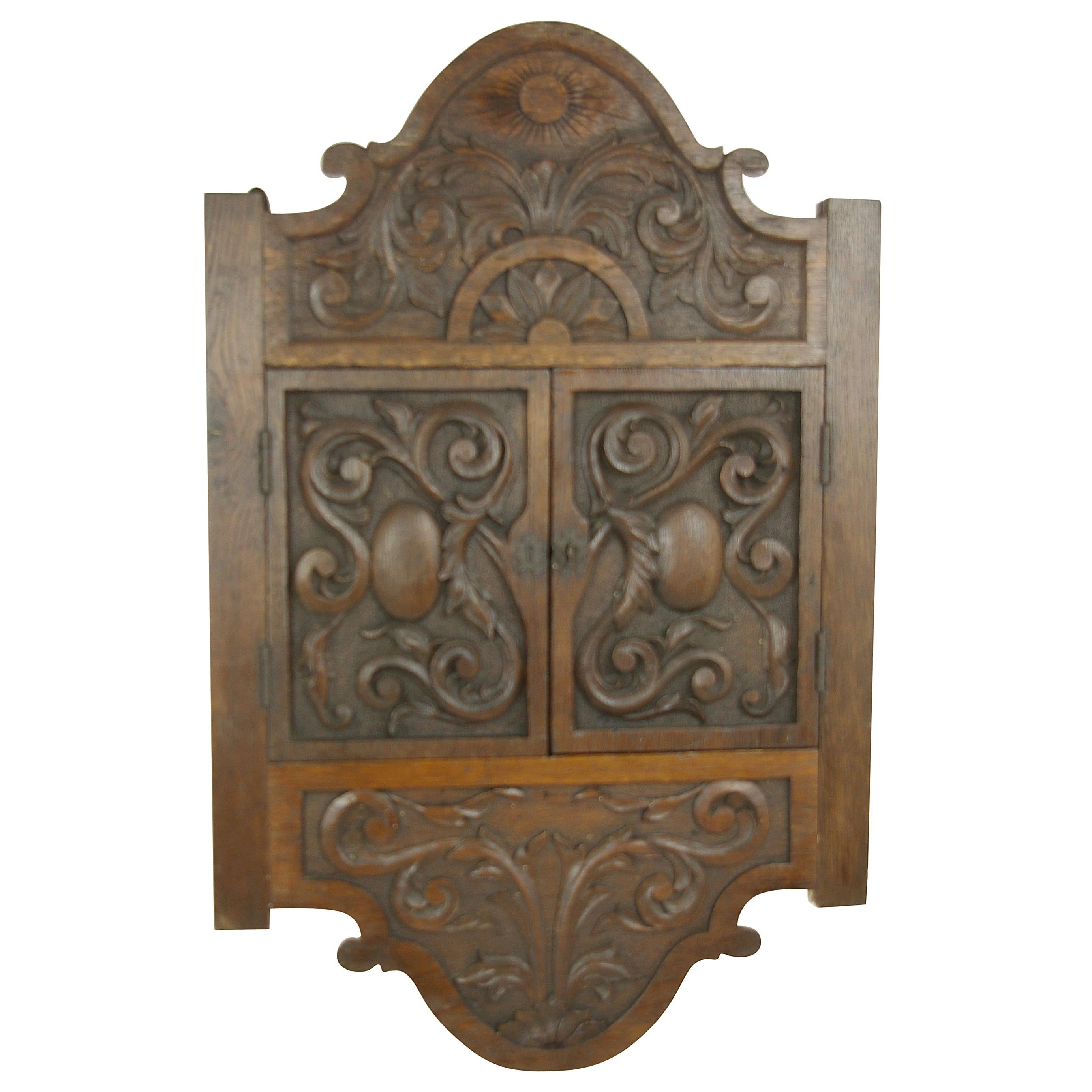Oak Corner Cabinet, Carved Cabinet, Hanging Cabinet, Scotland, 1880