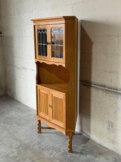 Oak Corner Storage Cabinet with Leaded Glass Doors Open Display Shelf Vintage