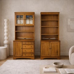 Oak Cottage Style Hutch Cabinets with Glass Doors, Pair