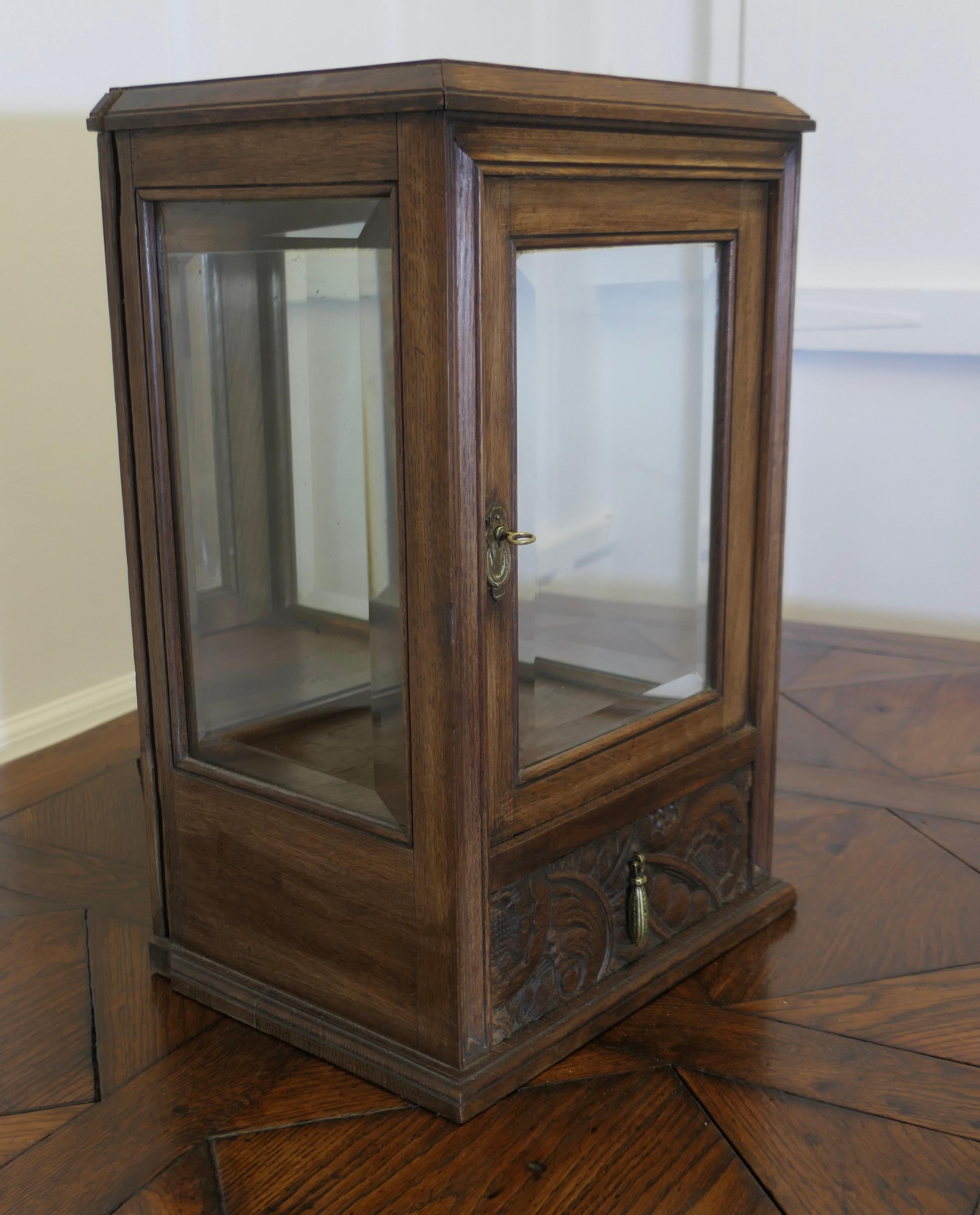Art Deco Oak Counter top Display Cabinet with Drawer  A useful little cabinet For Sale