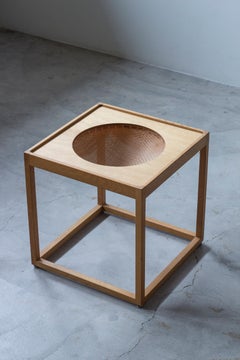 Oak cube side table with cane weave basket by Kurt Østervig, KP Møbler 60s