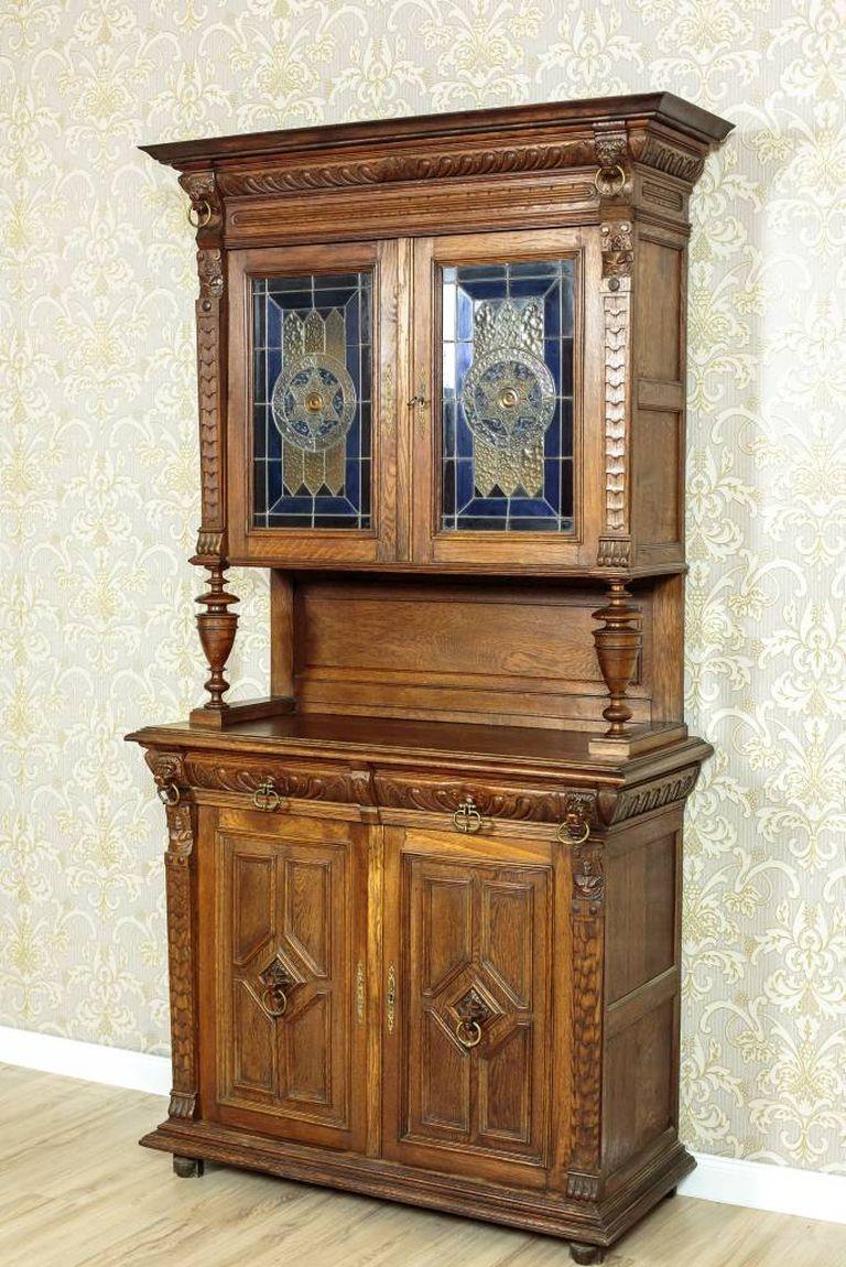 Oak Cupboard with Stained Glass, circa 1910 2