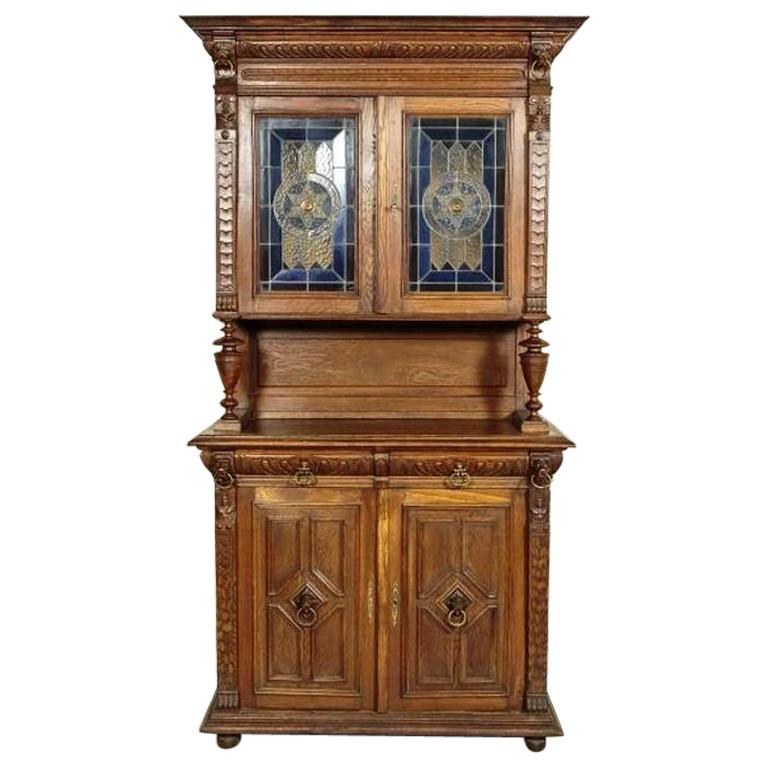 Oak Cupboard with Stained Glass, circa 1910