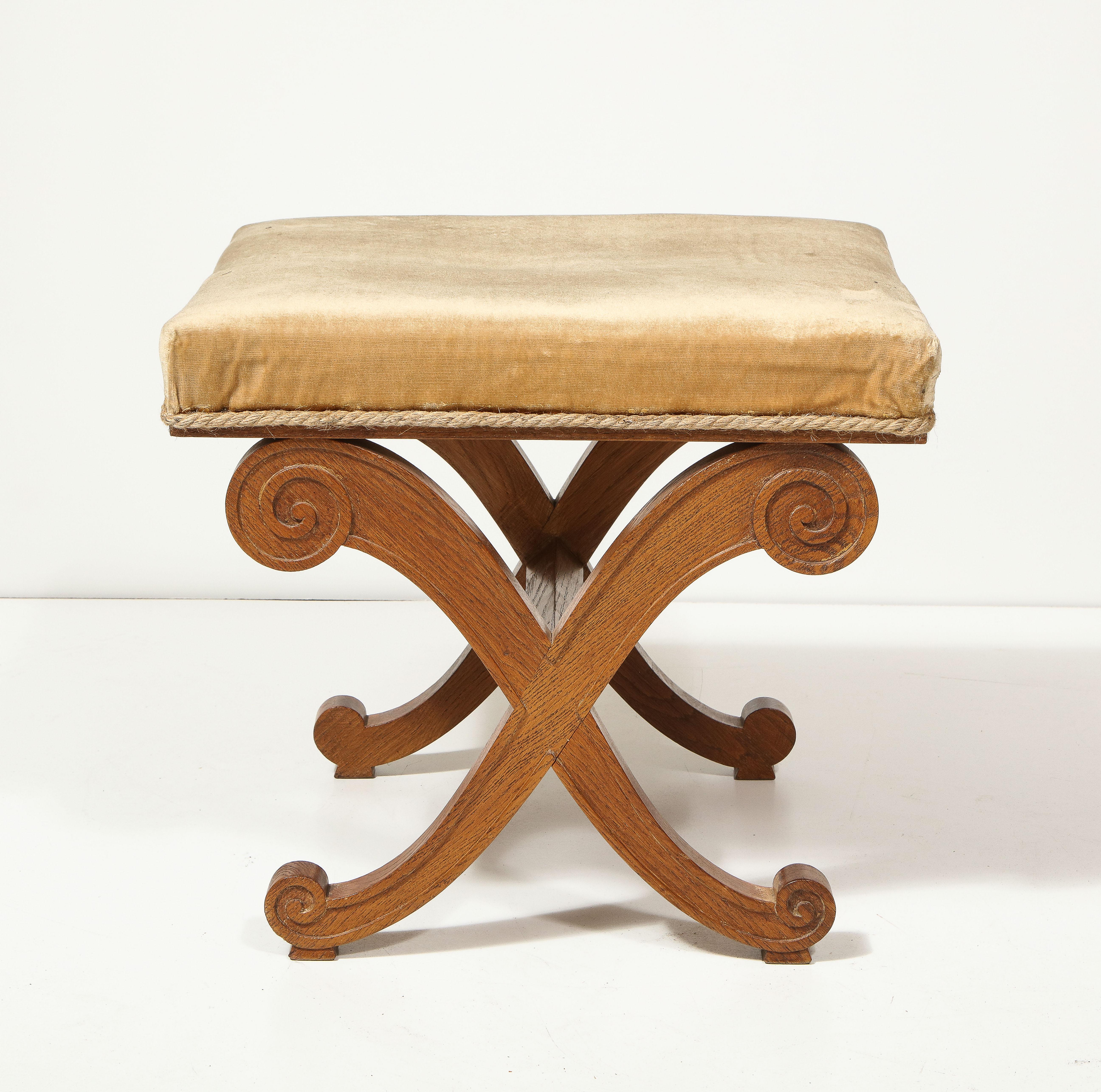 Modern Oak Curule Stool/Ottoman, France, c. 1940 For Sale