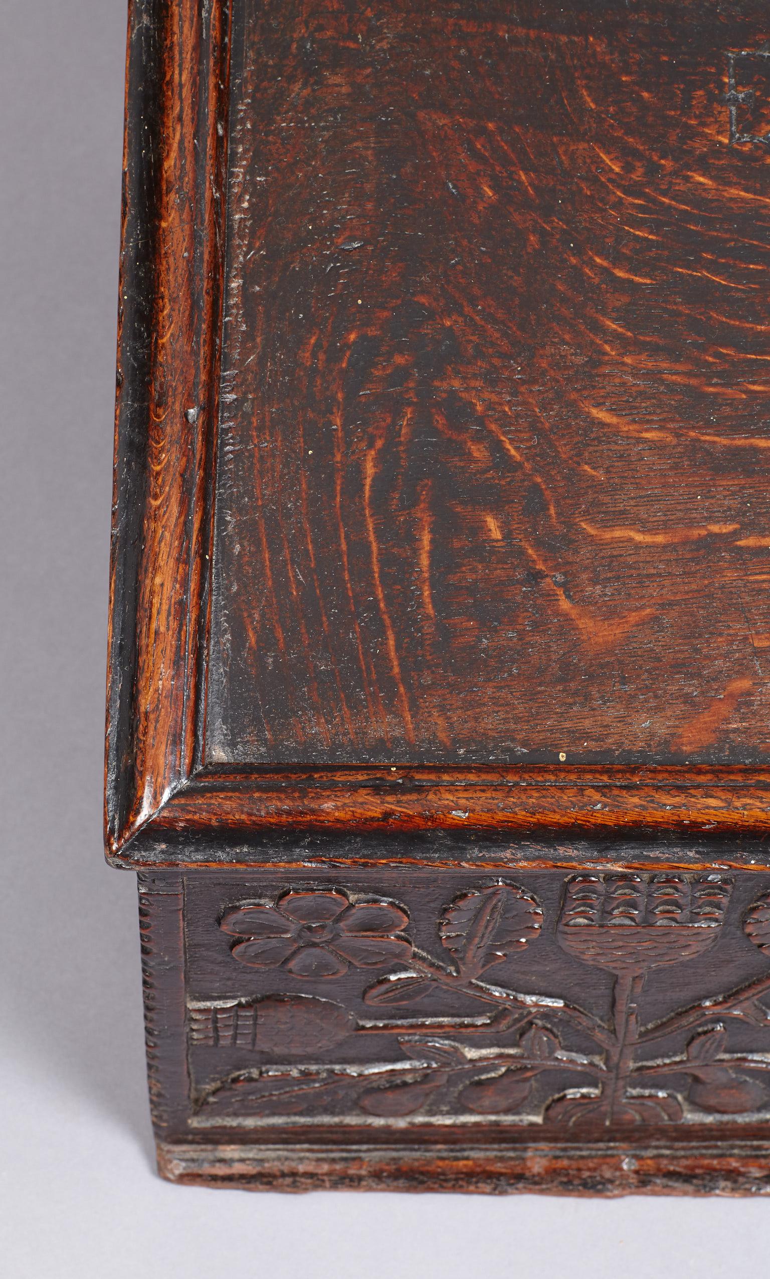 Carved Oak Desk Box, Charles II period, Lancashire, circa 1660-1670 For Sale