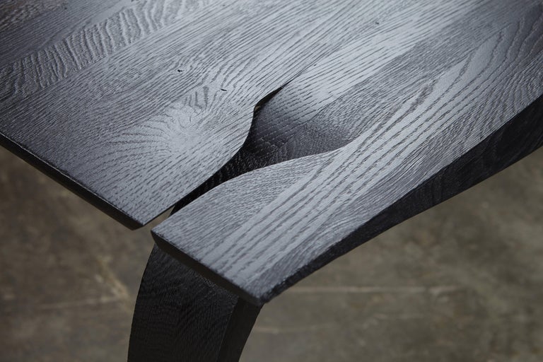 Contemporary curved leg oak desk. ebonized, textured finish. In stock