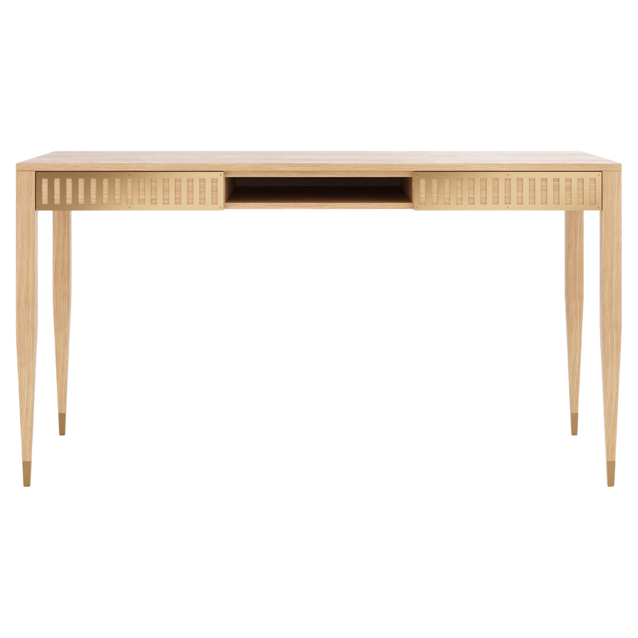 Oak desk with two drawers, shelf and brass fronts in mid century modern style