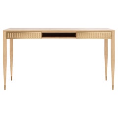 Oak desk with two drawers, shelf and brass fronts in mid century modern style