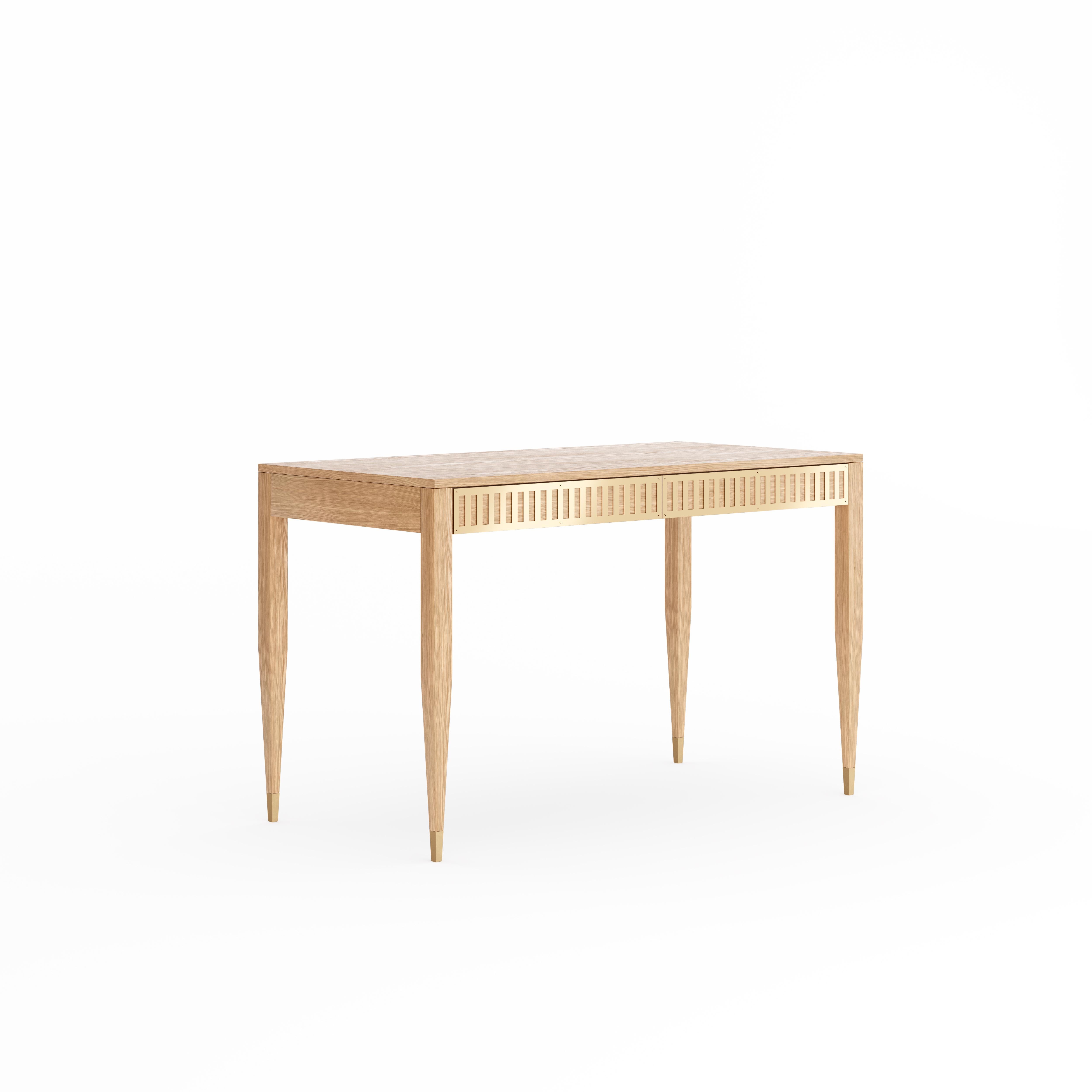 Desk in mid-century style with two drawers with brass fronts. The tapered legs are finished with brass plated aluminum feet. Desk made of solid oak wood and wood covered with natural oak veneer. Other wood on request. Perfect as office desk, study
