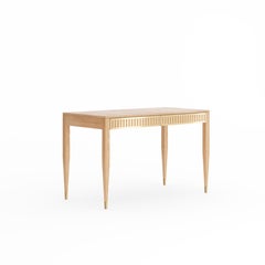 Oak desk with two drawers with brass fronts in mid century modern style