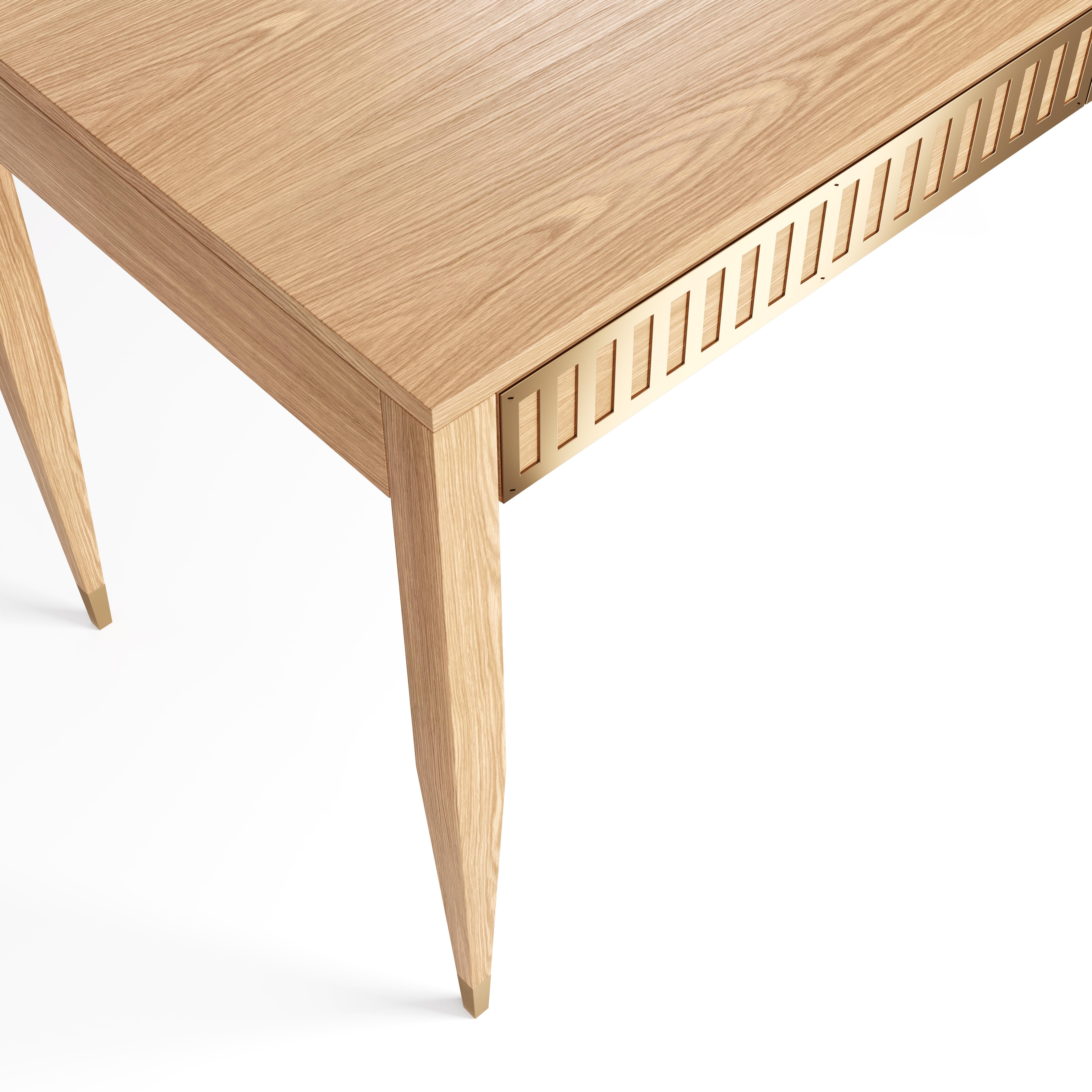 Mid-Century Modern Oak desk with two drawers with brass fronts in mid century modern style For Sale