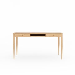 Oak desk with two solid drawers and shelf in mid century modern style