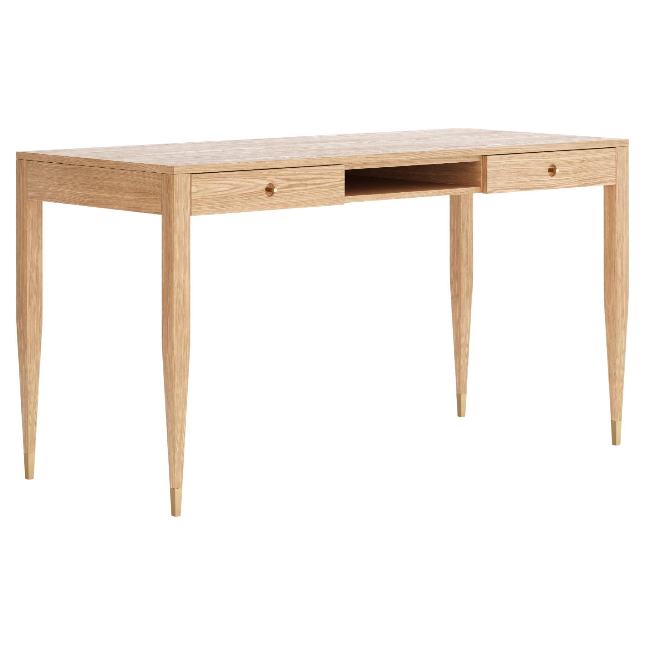 Oak desk with two solid drawers and shelf in mid century modern style