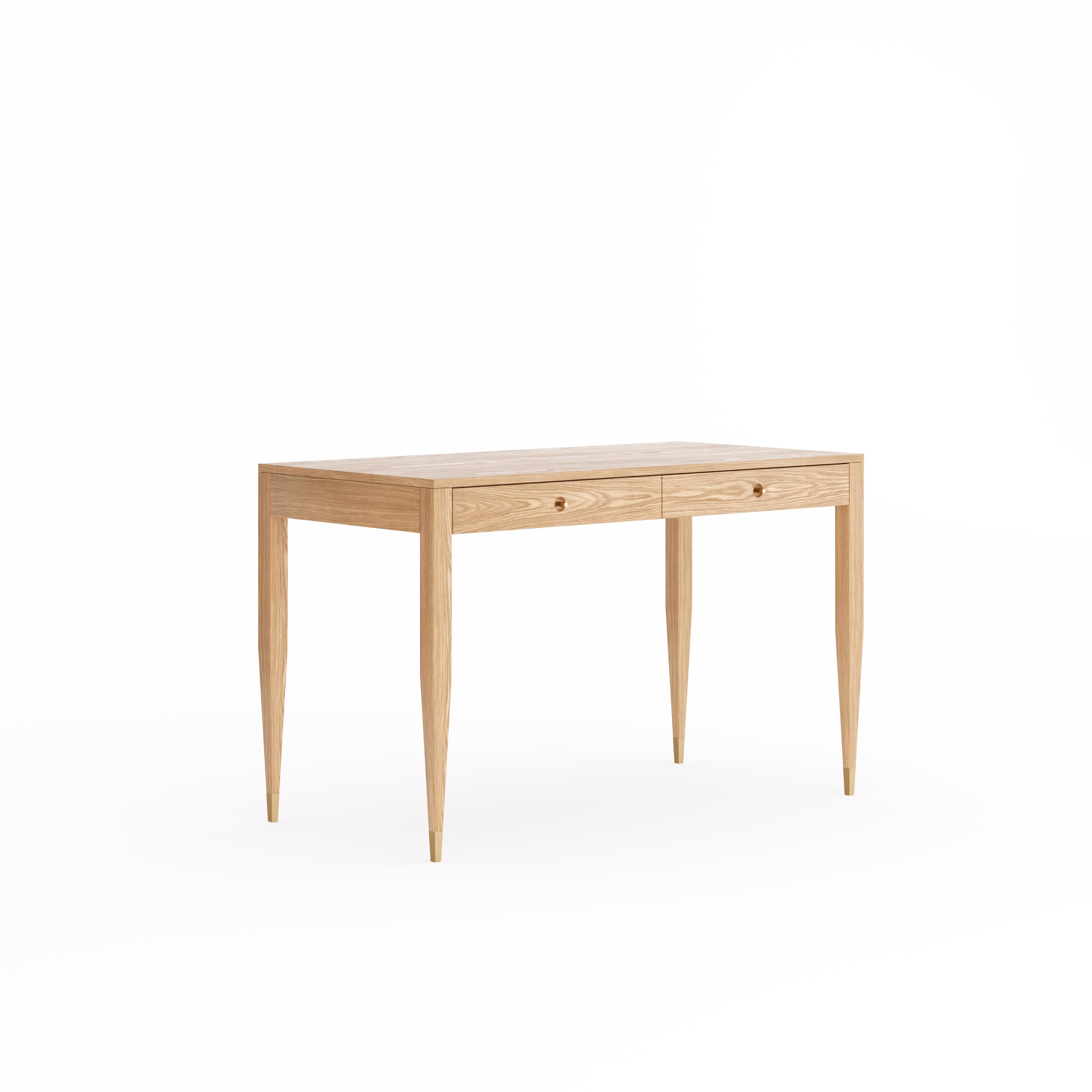 Oak desk in mid-century style with two drawers and brass handles. The tapered legs are finished with brass plated aluminum feet. Desk made of solid oak wood and wood covered with natural oak veneer. Other wood on request. Perfect as office desk,