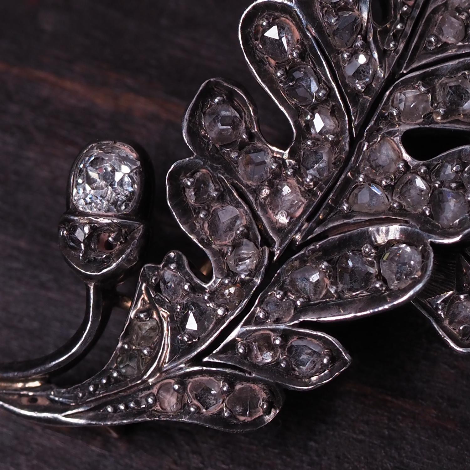 Oak Diamond Brosche Mid-Victorian Gold Silber Old Mined Cut Diamanten Geschenk Unisex im Angebot 6