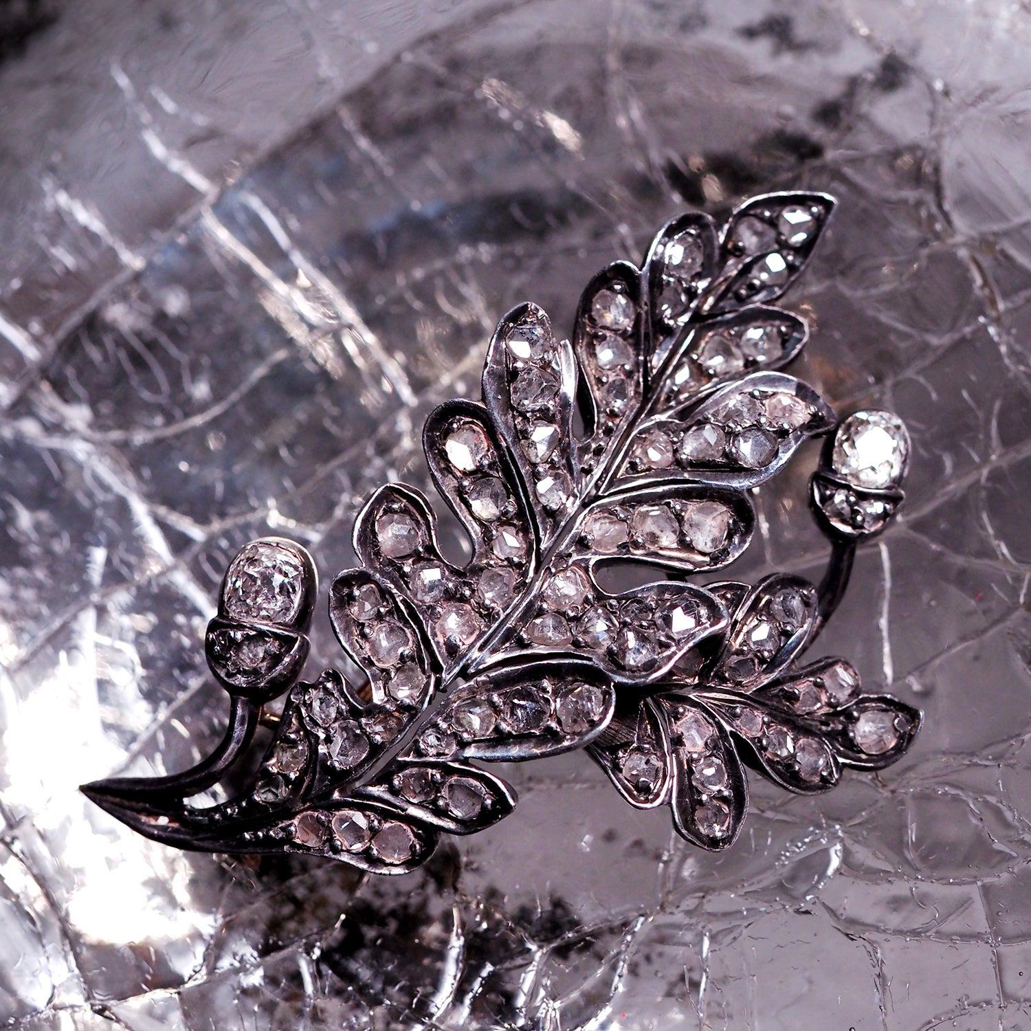 Oak Diamond Brosche Mid-Victorian Gold Silber Old Mined Cut Diamanten Geschenk Unisex im Angebot 15