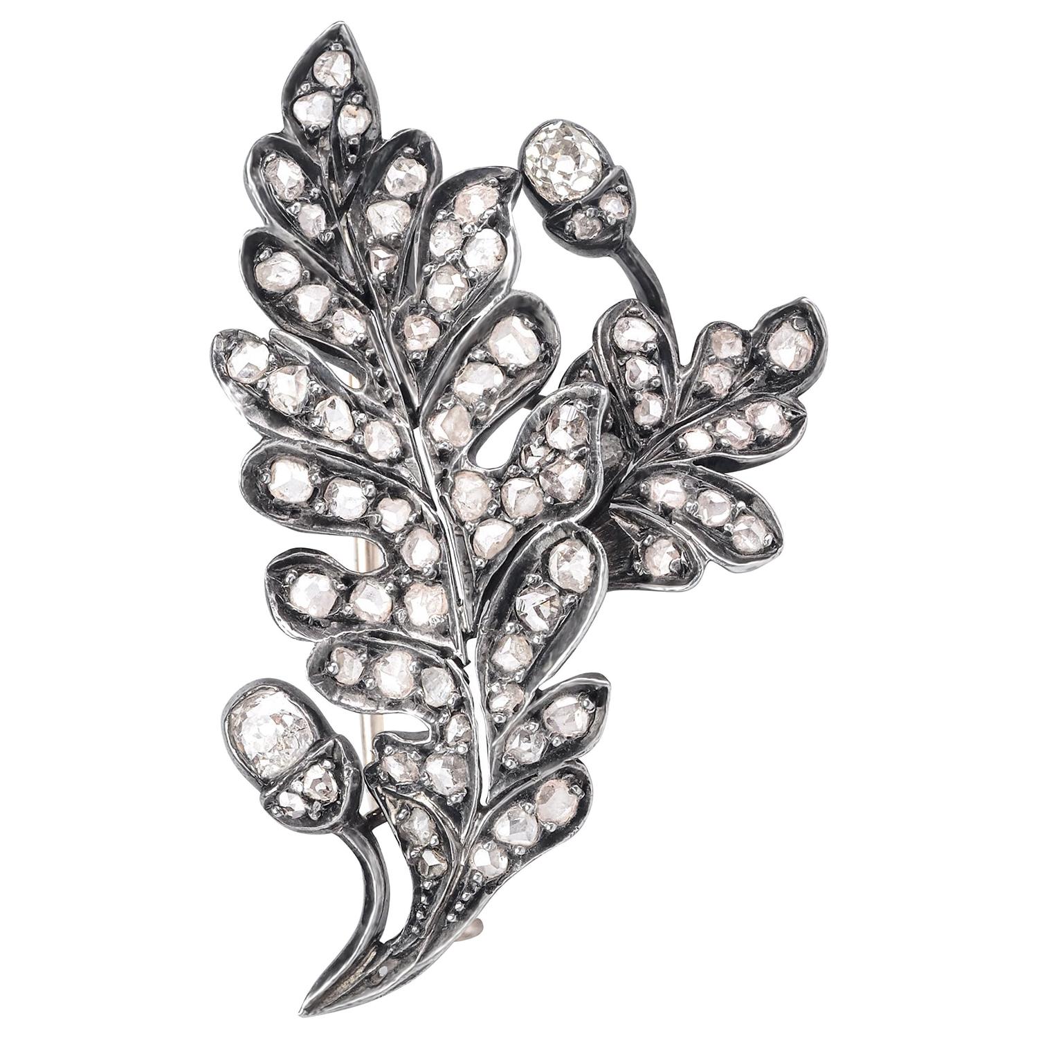 Oak Diamond Brooch Mid-Victorian Gold Silver Old Mined Cut Diamonds Gift Unisex