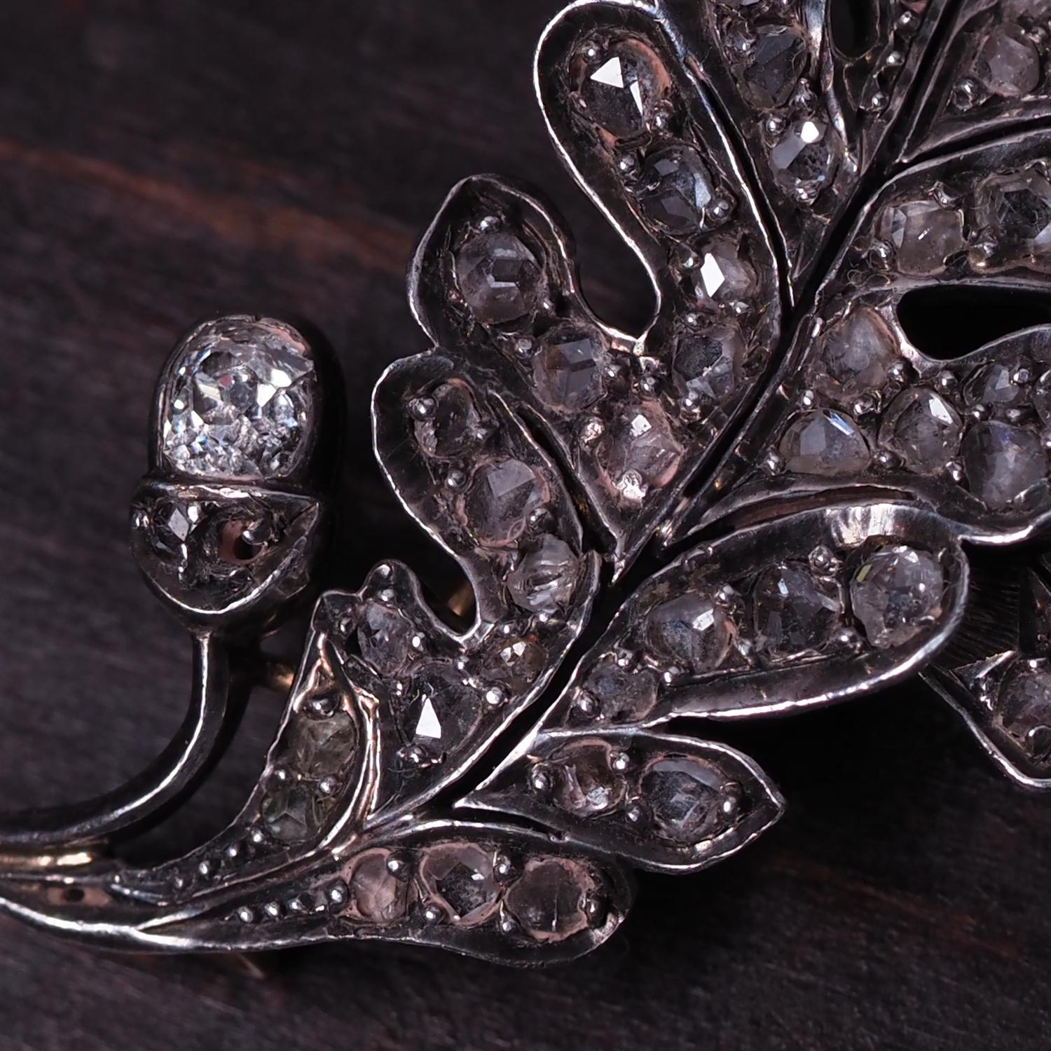 Oak Diamond Brosche Mid-Victorian Gold Silber Old Mined Cut Diamanten Geschenk Hochzeit im Angebot 5