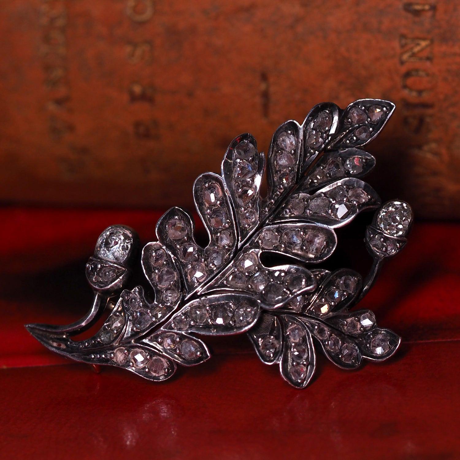 Oak Diamond Brosche Mid-Victorian Gold Silber Old Mined Cut Diamanten Geschenk Hochzeit im Angebot 8