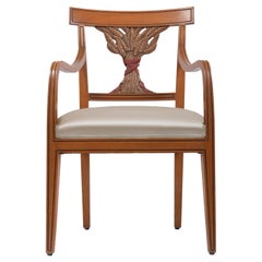 Oak Dining Chair with Armrests with Decorative Ears of Wheat Handcarved in Italy