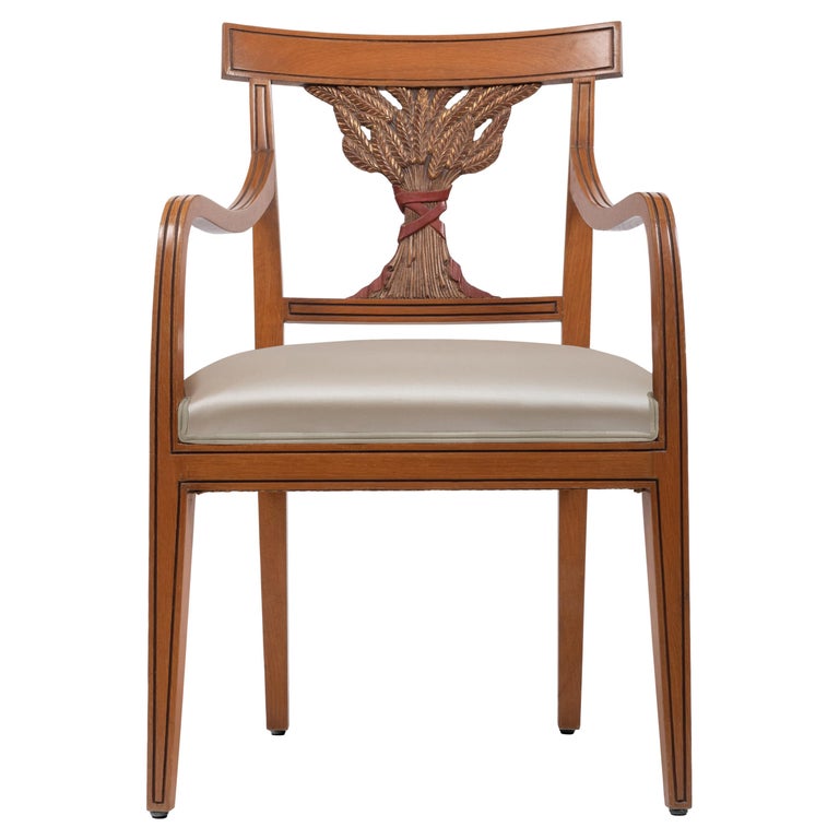 Oak Dining Chair with Armrests with Decorative Ears of Wheat Handcarved in Italy For Sale