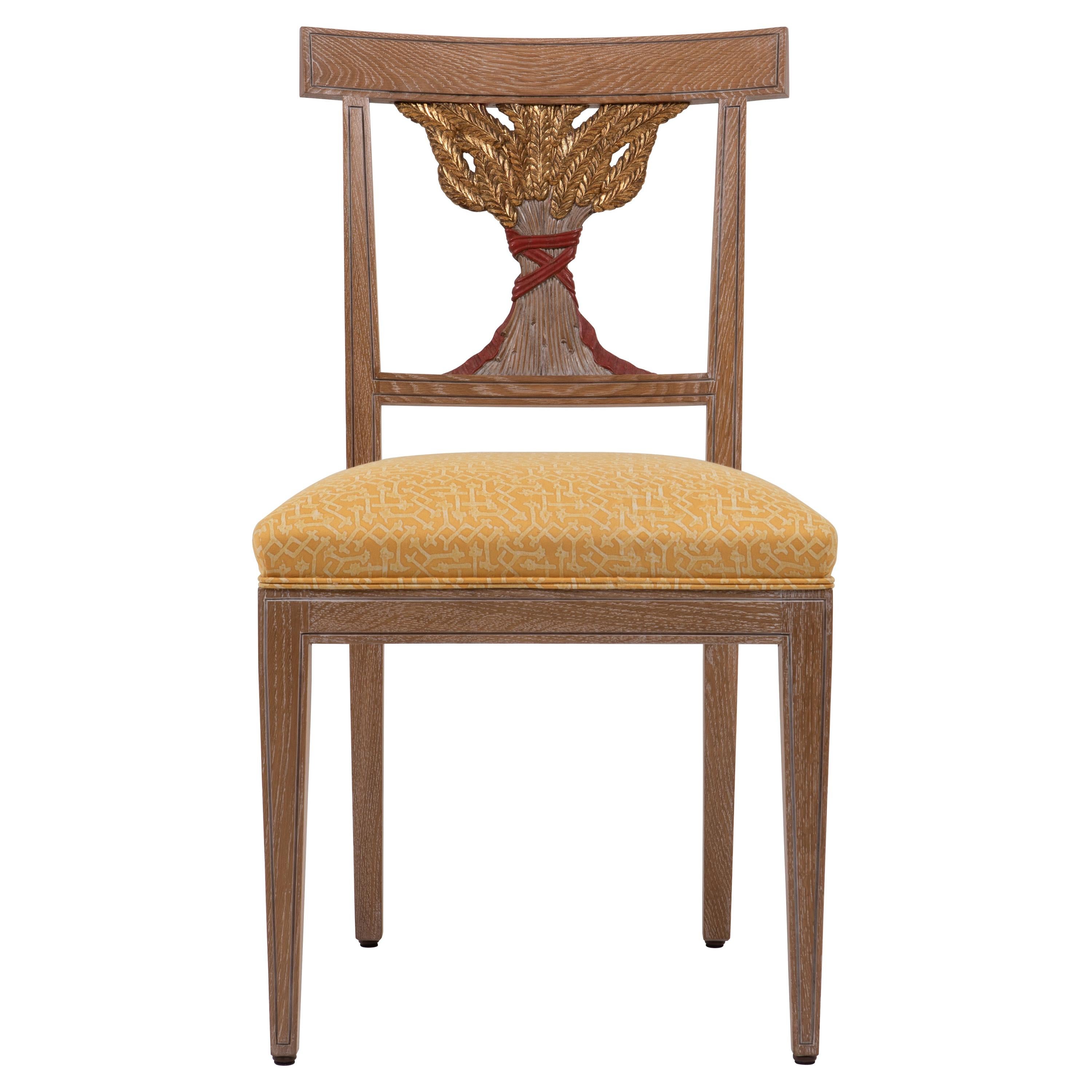 Oak Dining Chair with Decorative Ears of Wheat Hand Carved, Made in Italy
