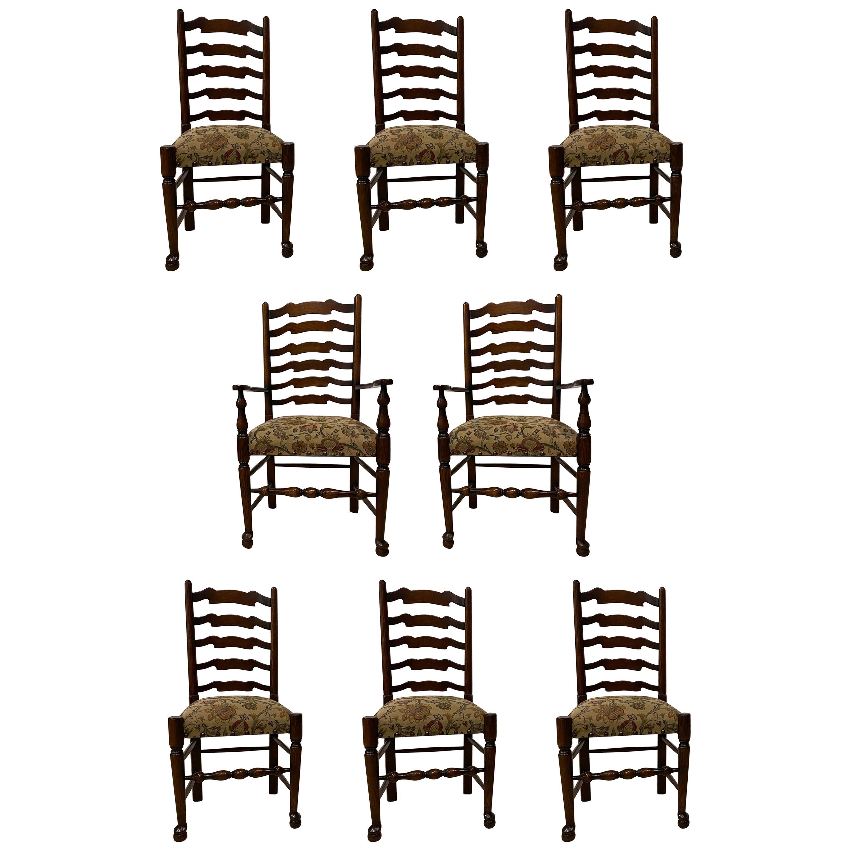 Oak Dining Chairs English Ladder Back Set of Eight, 2 Arms 6 Side Chairs