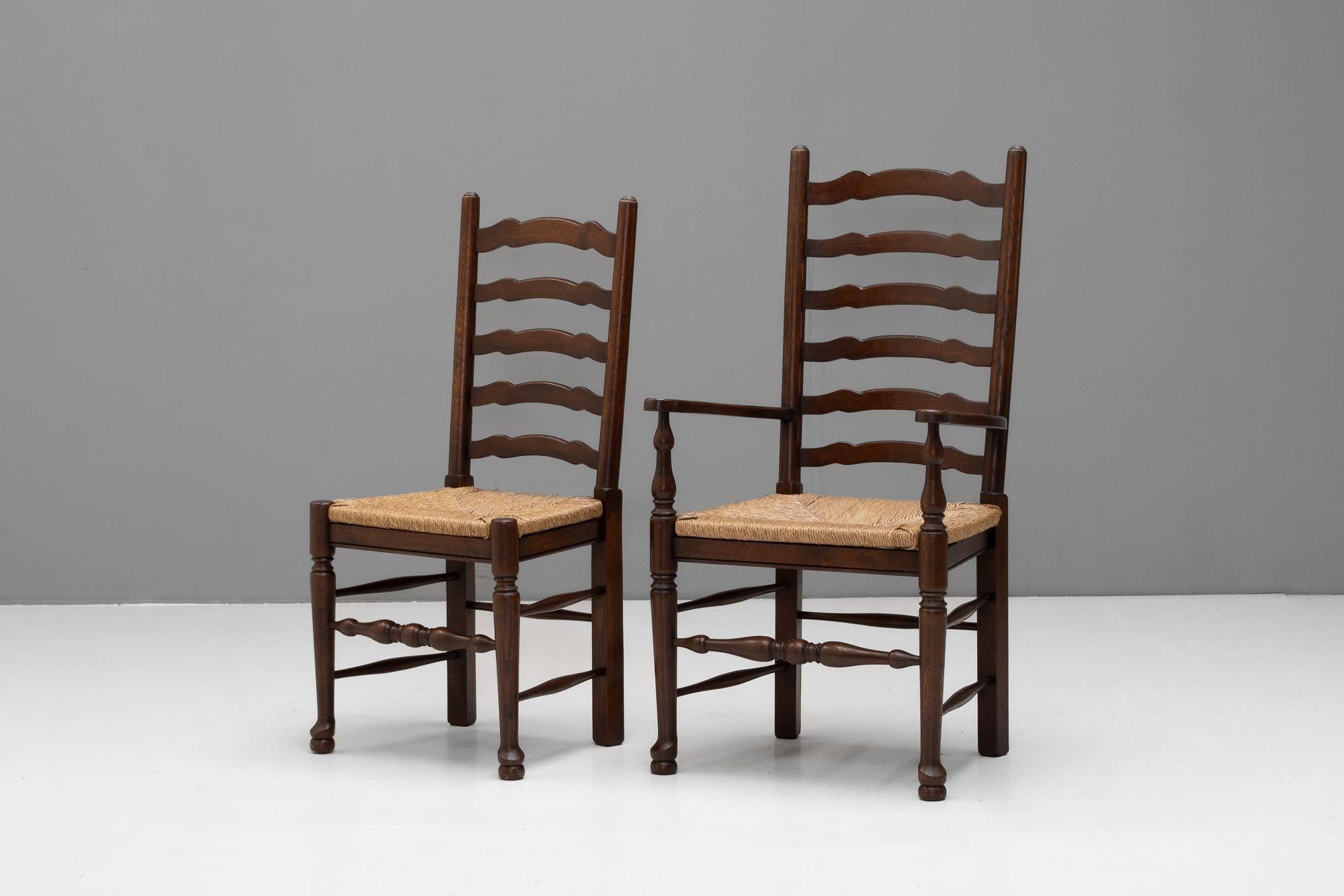 Set of 6 ( 4 + 2 ) oak ladder back dining chairs with drop in rush seats. Circa 1970.
Dining Chair H 105cm (SH 47cm) x W 48cm x D 46cm - Armchair - H 113 cm SH 47cm x W 60cm x D 60cm